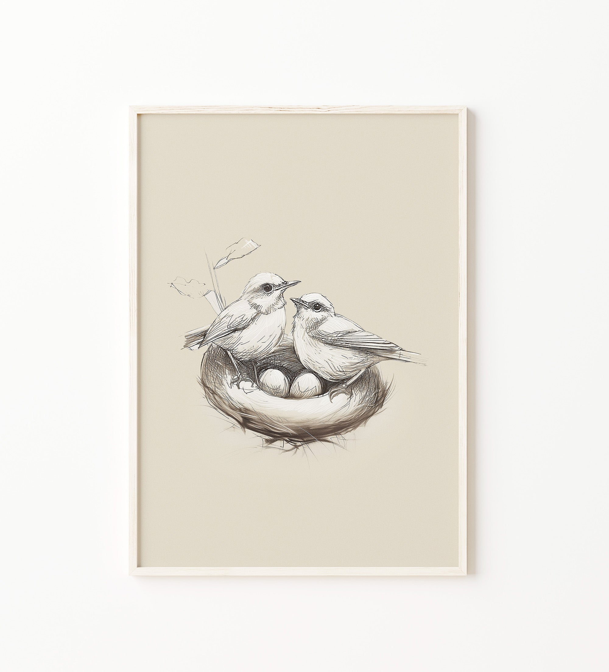 Neutral woodland birds nest wall art featuring two birds with a nest of eggs sketch in a light wood frame on a white wall. Scandinavian nursery decor, bird nursery print, woodland animal wall art, forest nursery artwork, nature-inspired baby room decoration, gender neutral nursery, large printable wall art, digital download
