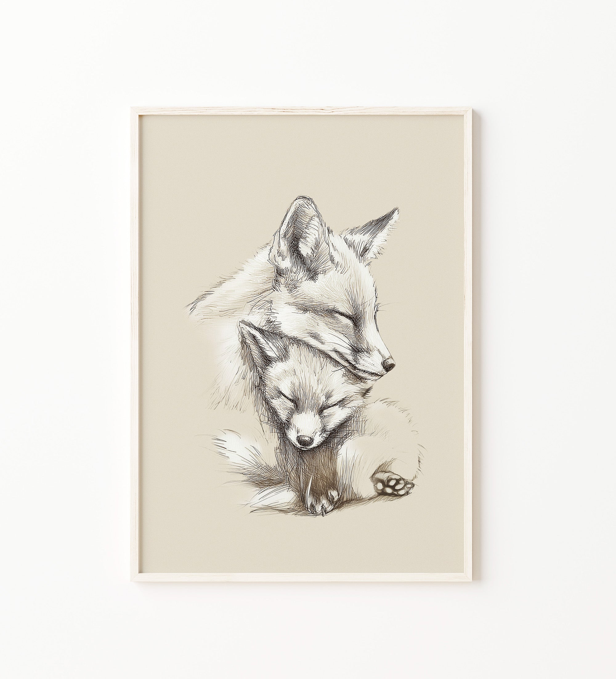 Neutral woodland fox wall art print featuring a mother fox and baby sketch illustration in a light wood frame on a white wall. Scandinavian nursery decor, fox nursery print, woodland animal wall art, forest nursery artwork, baby room decoration, gender neutral nursery decor for digital download, large printable wall art.