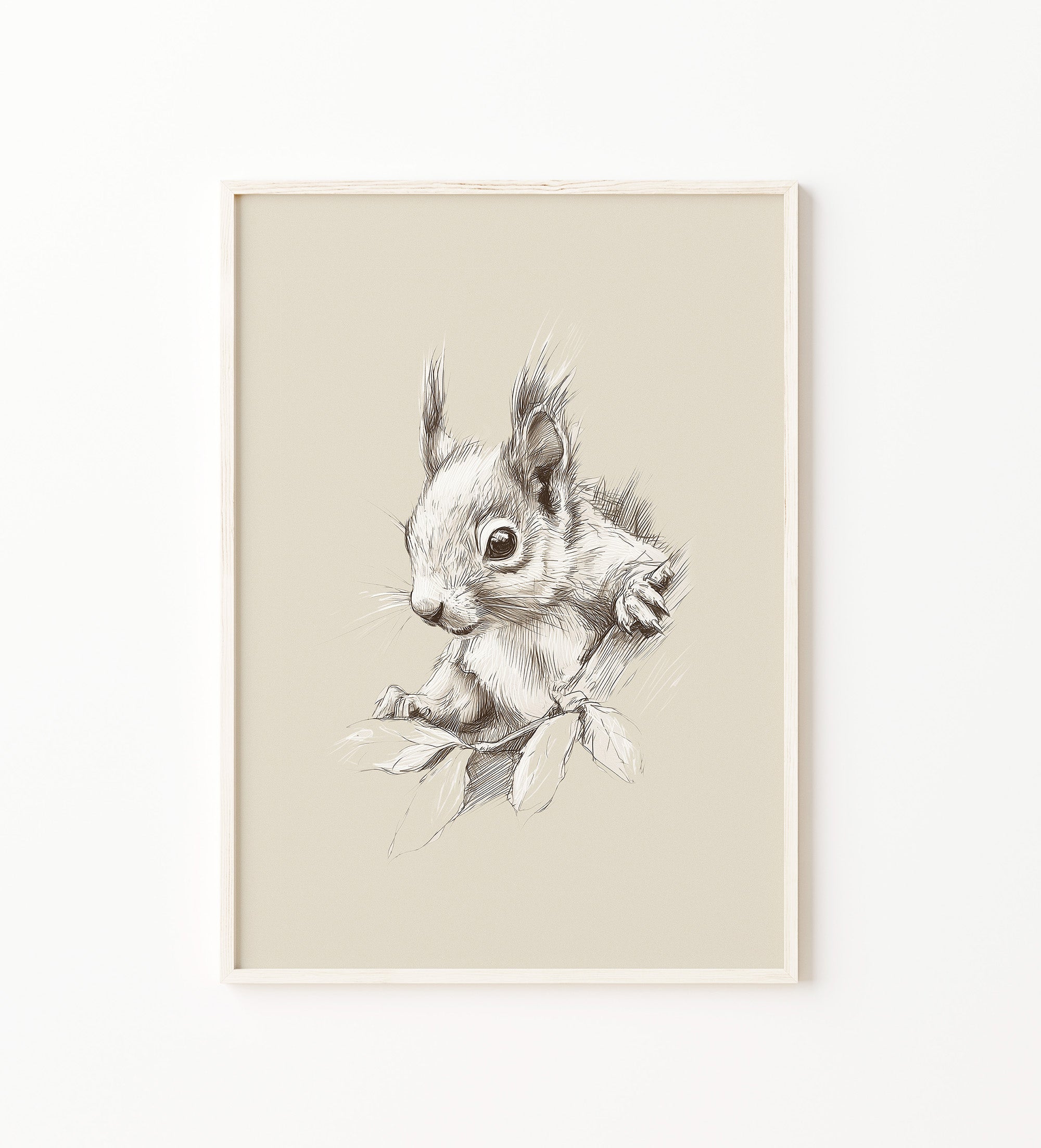 Neutral woodland squirrel wall art featuring a baby squirrel sketch illustration in a light wood frame on a white wall. Scandinavian nursery decor, squirrel nursery print, woodland animal wall art, forest nursery artwork, baby room decoration, gender neutral nursery, nature-inspired kids room. Large printable wall art, digital download