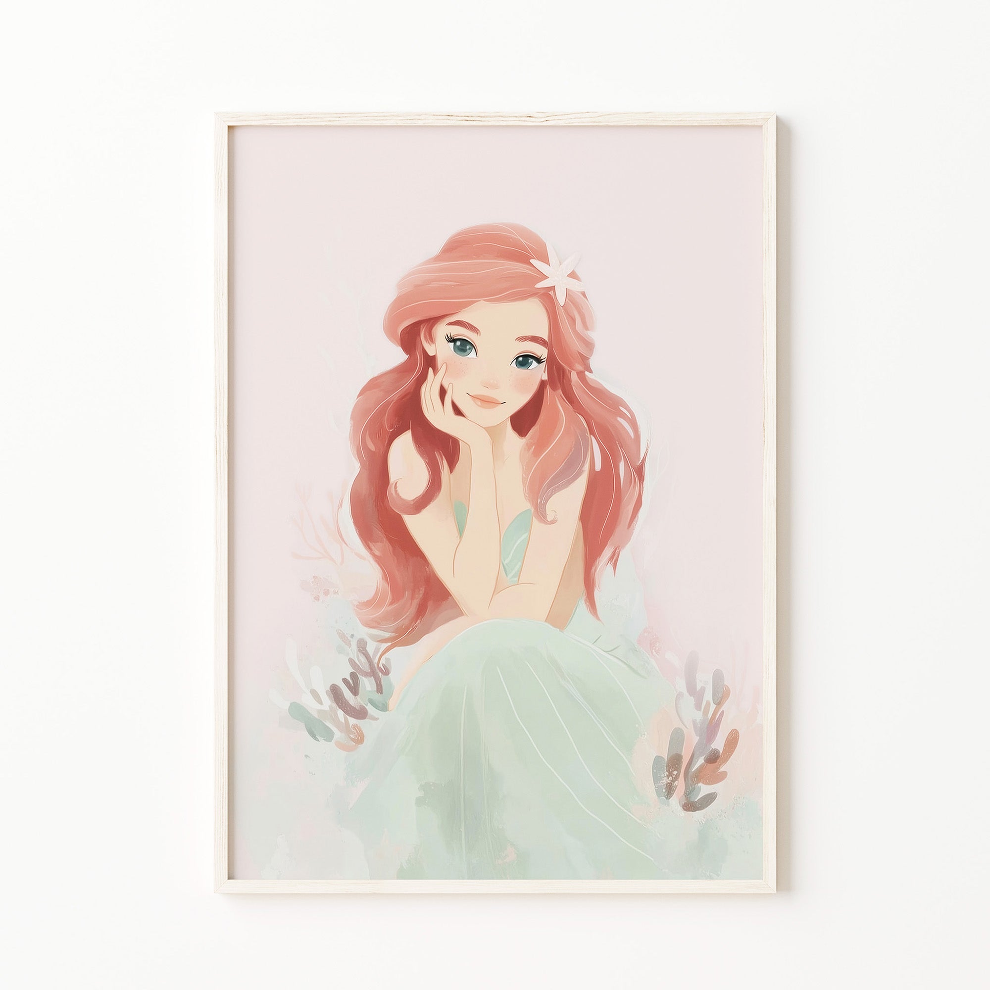 mermaid princess wall art print, red hair fairytale princess wall art, ocean girl illustration, picture, poster, soft pastel nursery wall art decor for digital download, blush pink girl room print, whimsical print, large digital download