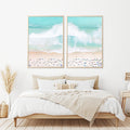 Aerial beach wall art set of 2 prints,  turquoise ocean waves and sandy shore with people and umbrellas, neutral coastal prints, above bed art, pastel bedroom wall art, large photography, beautiful living room printable wall art, gray malin style