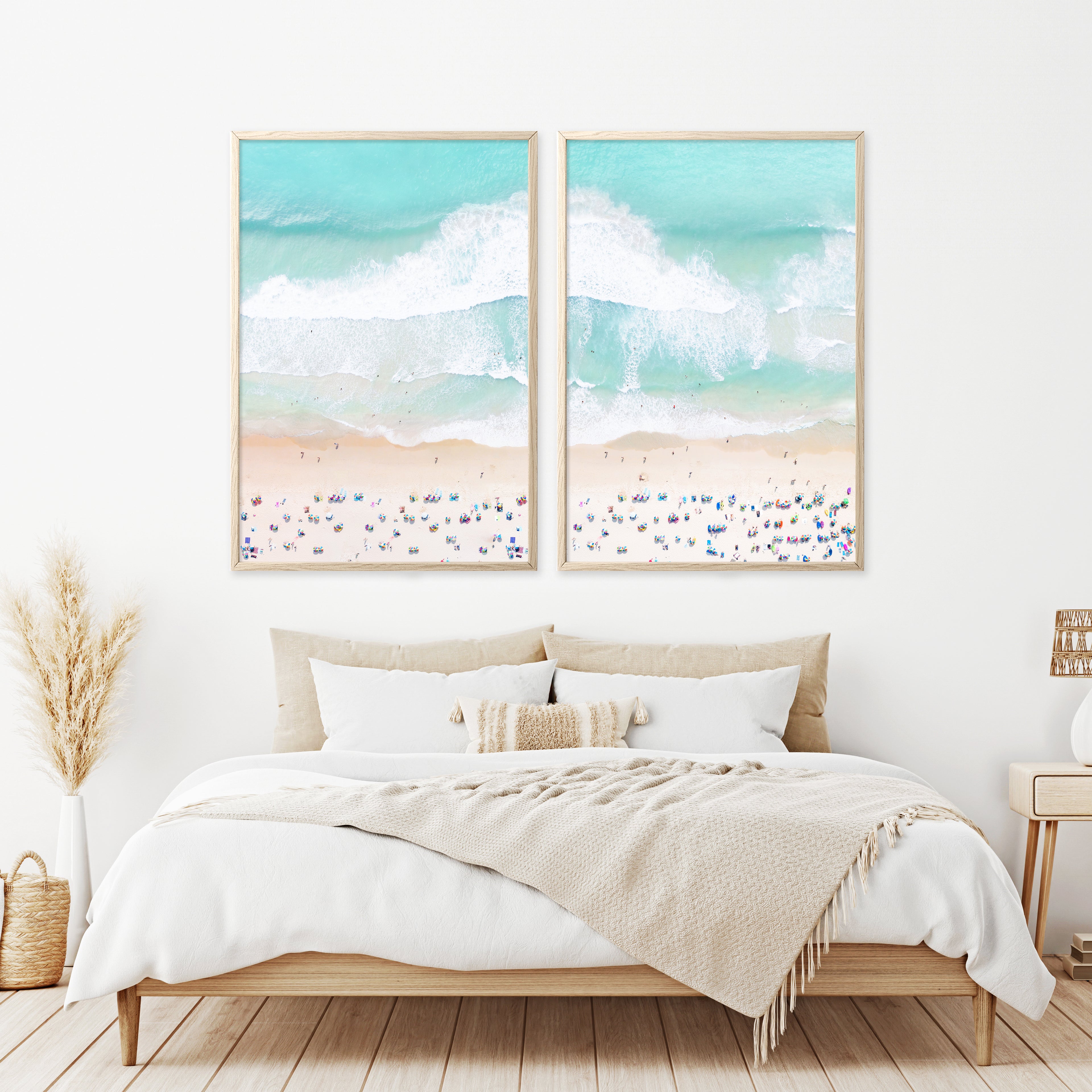 Aerial beach wall art set of 2 prints,  turquoise ocean waves and sandy shore with people and umbrellas, neutral coastal prints, above bed art, pastel bedroom wall art, large photography, beautiful living room printable wall art, gray malin style