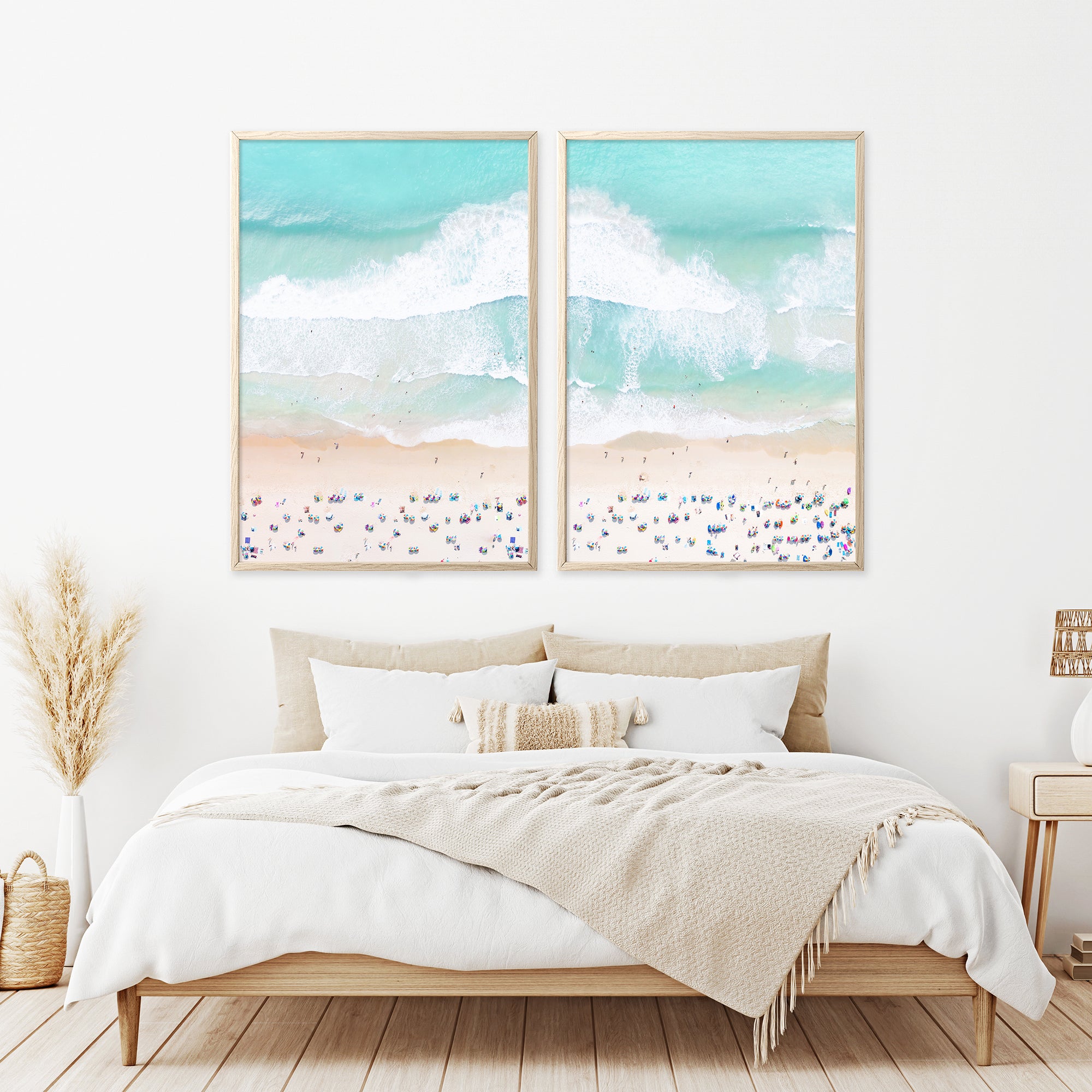 Aerial beach wall art set of 2 prints,  turquoise ocean waves and sandy shore with people and umbrellas, neutral coastal prints, above bed art, pastel bedroom wall art, large photography, beautiful living room printable wall art, gray malin style