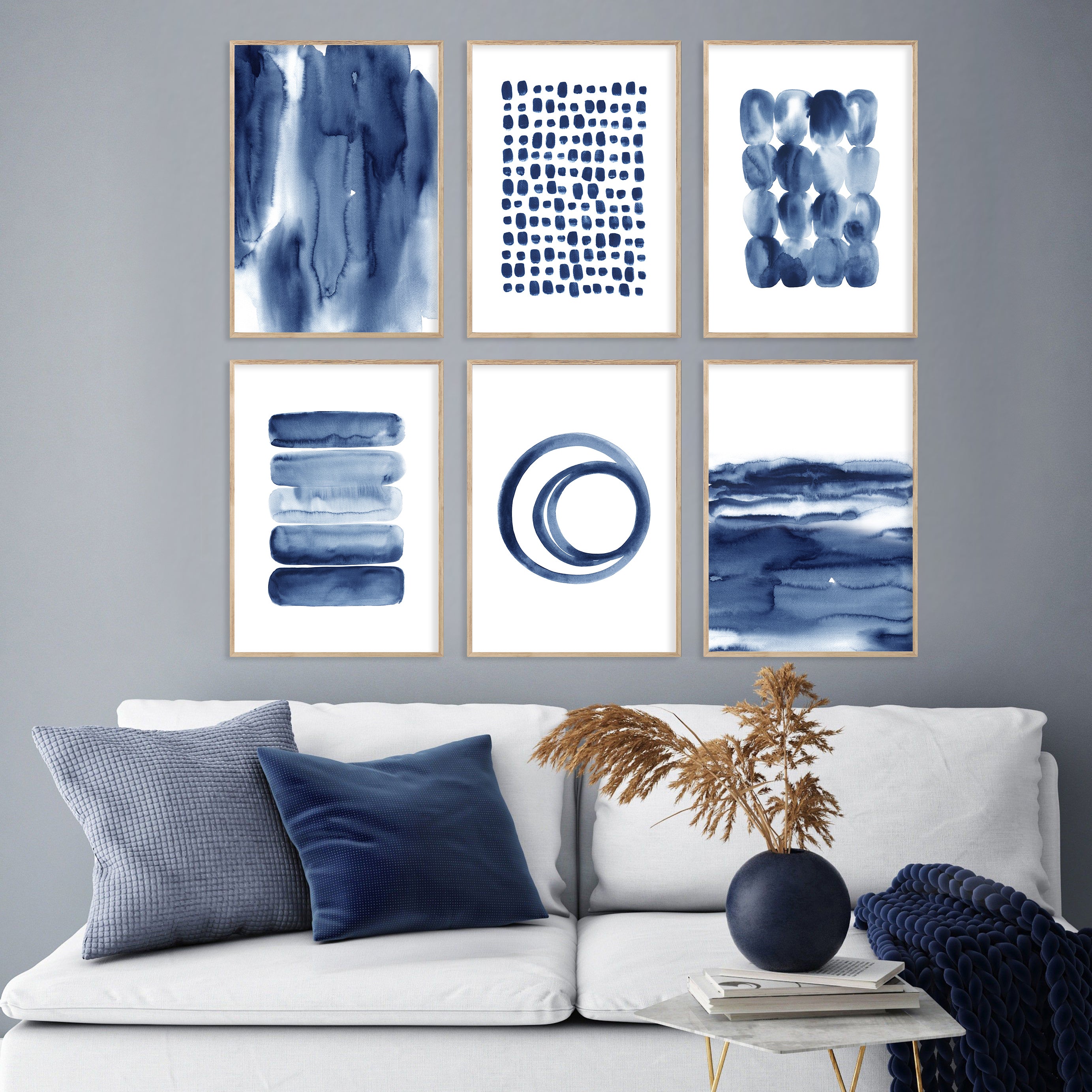 set of 6 navy blue abstract watercolor prints, modern minimalist wall art, above sofa indigo gallery wall, Scandinavian living room decor large printable wall art