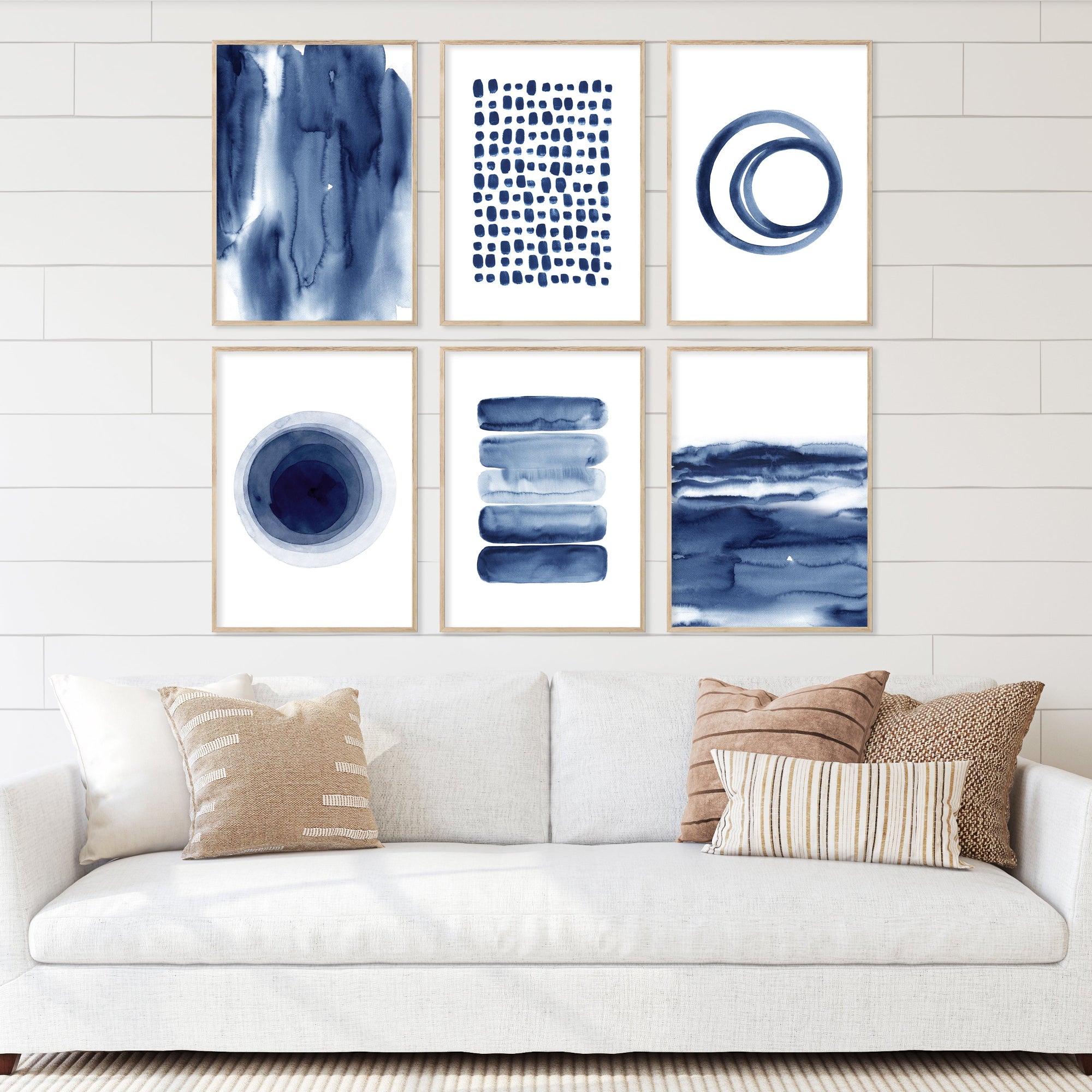  indigo navy blue abstract watercolor wall art set of 6, above sofa modern minimalist prints, indigo blue geometric art, neutral living room gallery wall decor

