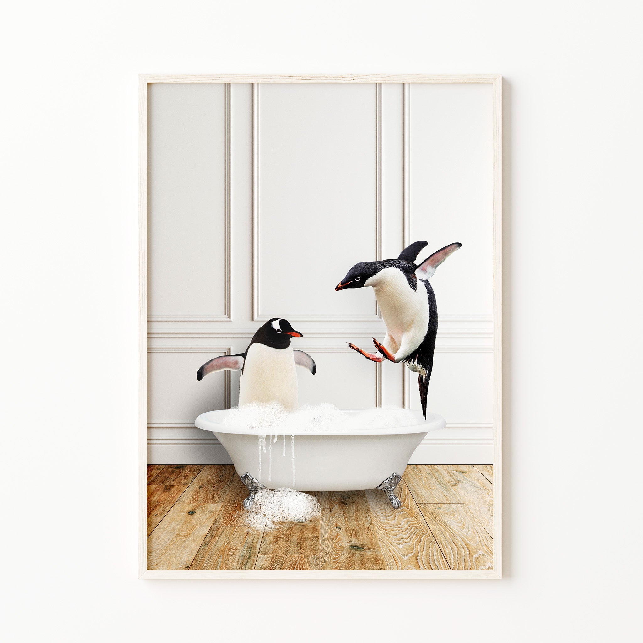 Funny penguin bathroom wall art, cute animals in bathtub print, modern playful decor 