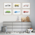 Vehicles_Wall_Art_Prints_Set_of_6, Watercolor Transportation Nursery Prints, helicopter, police, ambulance, fire truck, dump truck, garbage truck prints, colorful kids' room wall art decor for digital download, boy room prints, large printable wall art 
