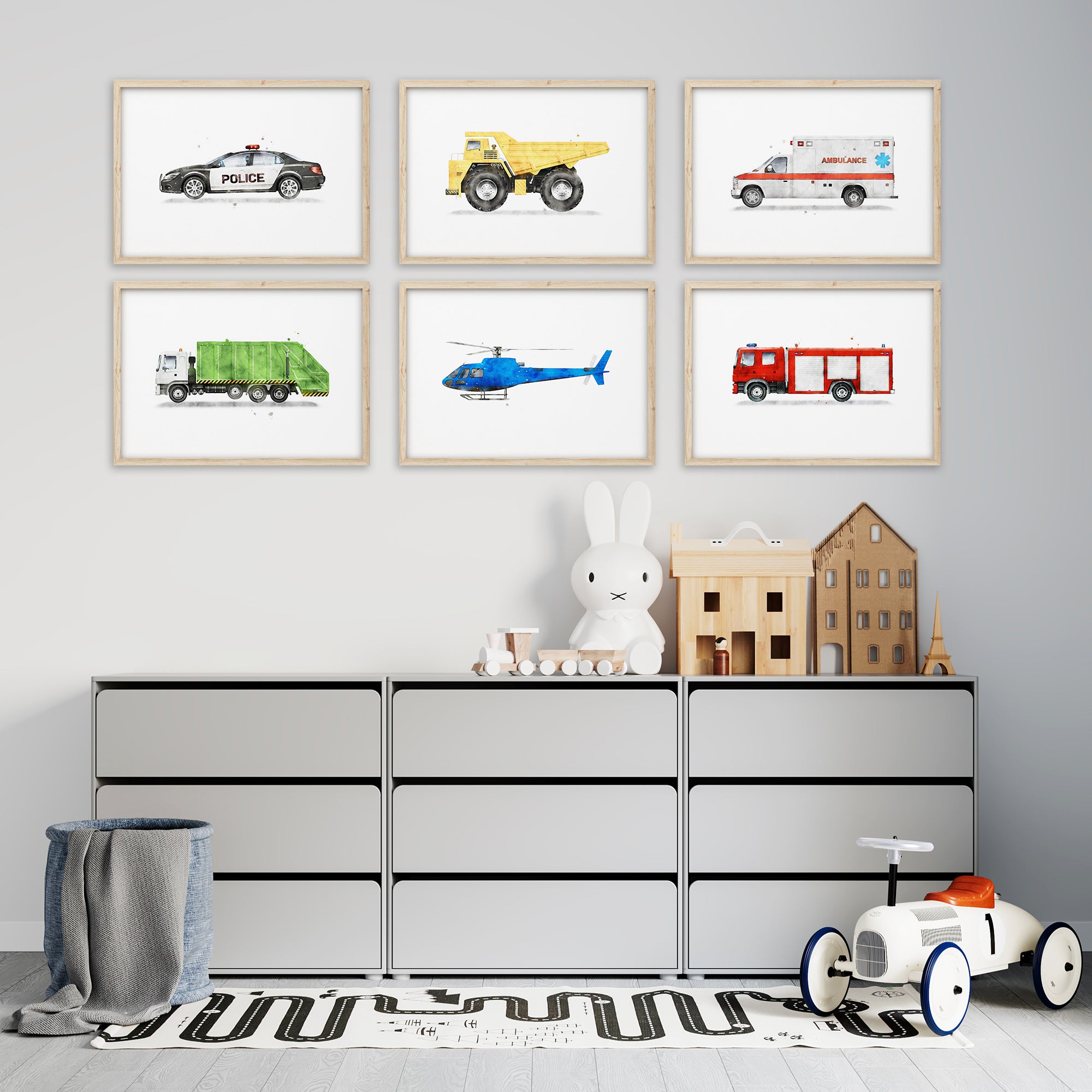 Vehicles_Wall_Art_Prints_Set_of_6, Watercolor Transportation Nursery Prints, helicopter, police, ambulance, fire truck, dump truck, garbage truck prints, colorful kids' room wall art decor for digital download, boy room prints, large printable wall art 