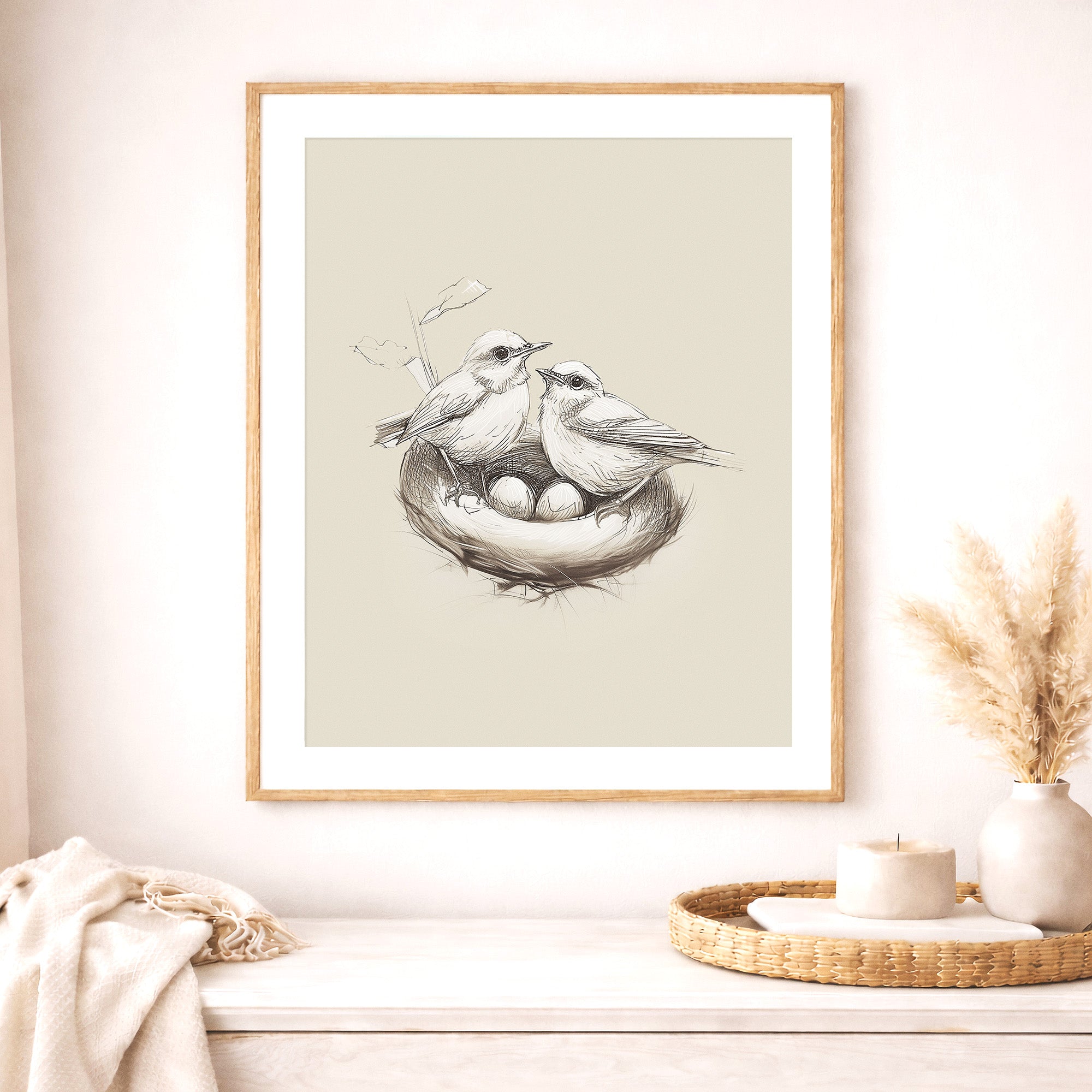 Woodland birds nest nursery wall art featuring two birds resting beside a nest with eggs displayed in a natural wood frame above a white dresser. Neutral Scandinavian nursery decor, bird wall art, woodland nursery print, forest-inspired baby room decor, gender neutral nursery artwork.