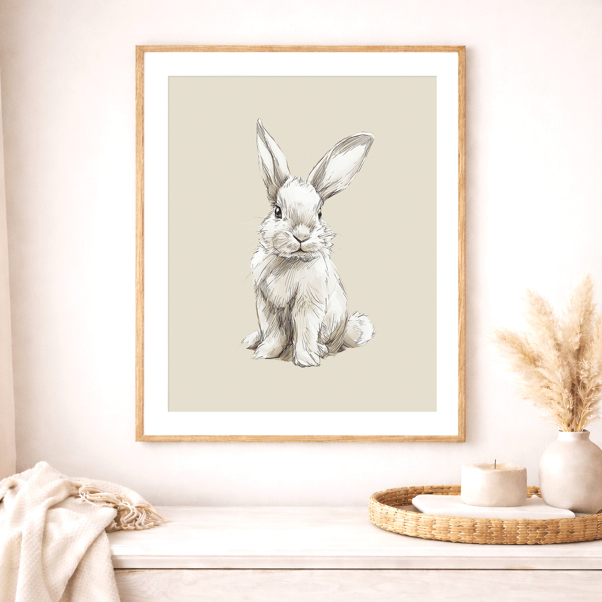 Woodland bunny nursery wall art displayed in a natural wood frame above a white dresser. Neutral rabbit print for woodland nursery decor, Scandinavian baby room wall art, forest animal sketch artwork, gender neutral nursery decoration, minimalist bunny illustration.