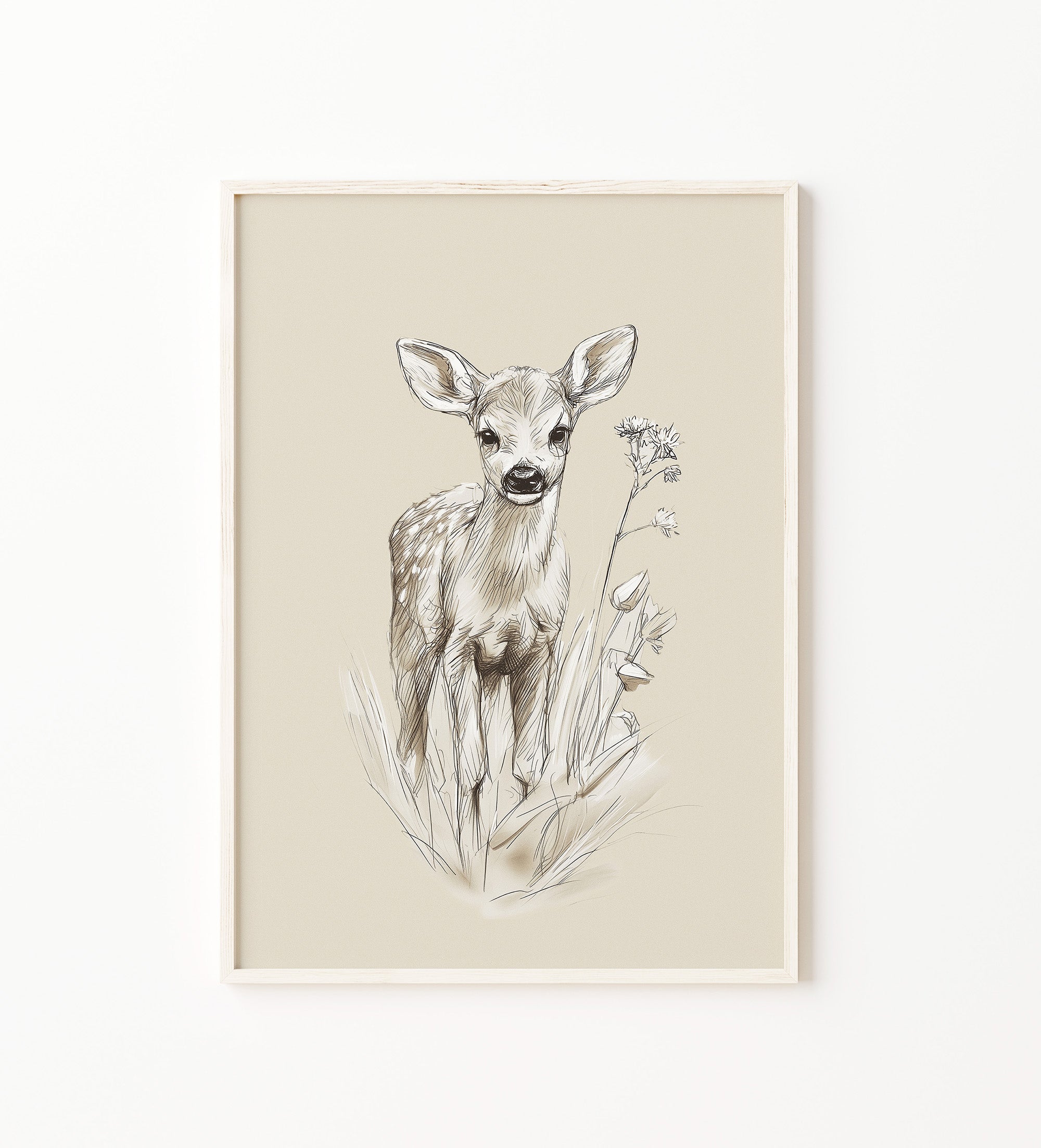 Woodland deer wall art print featuring a  fawn Sketch with wildflowers in a light wood frame on a white wall. Neutral nursery wall art, forest animal print, Scandinavian baby room decor, woodland nursery artwork, gender neutral nursery decoration, printable wall art, Large digital download