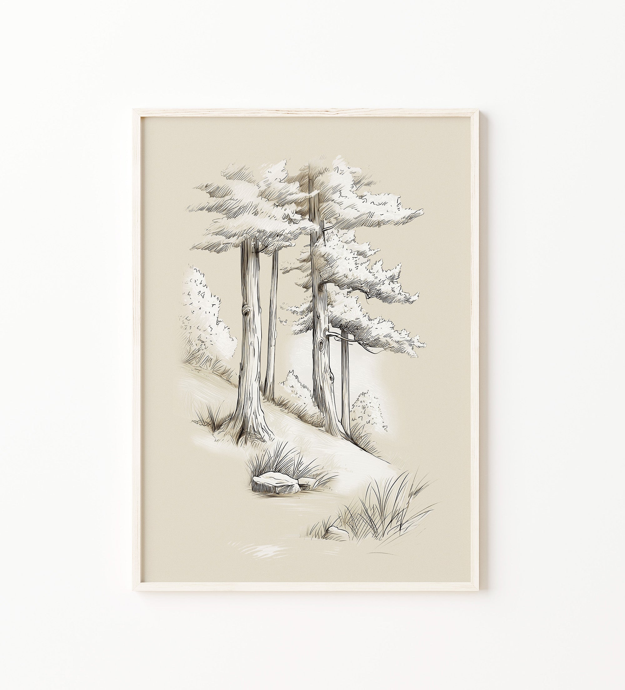 Woodland forest trees wall art print in a light wood frame displayed on a white wall. Neutral nursery wall art featuring  pine trees sketch in Scandinavian style for woodland nursery decor, baby room, gender neutral nursery, and nature-inspired interior. Large printable wall art, Digital download