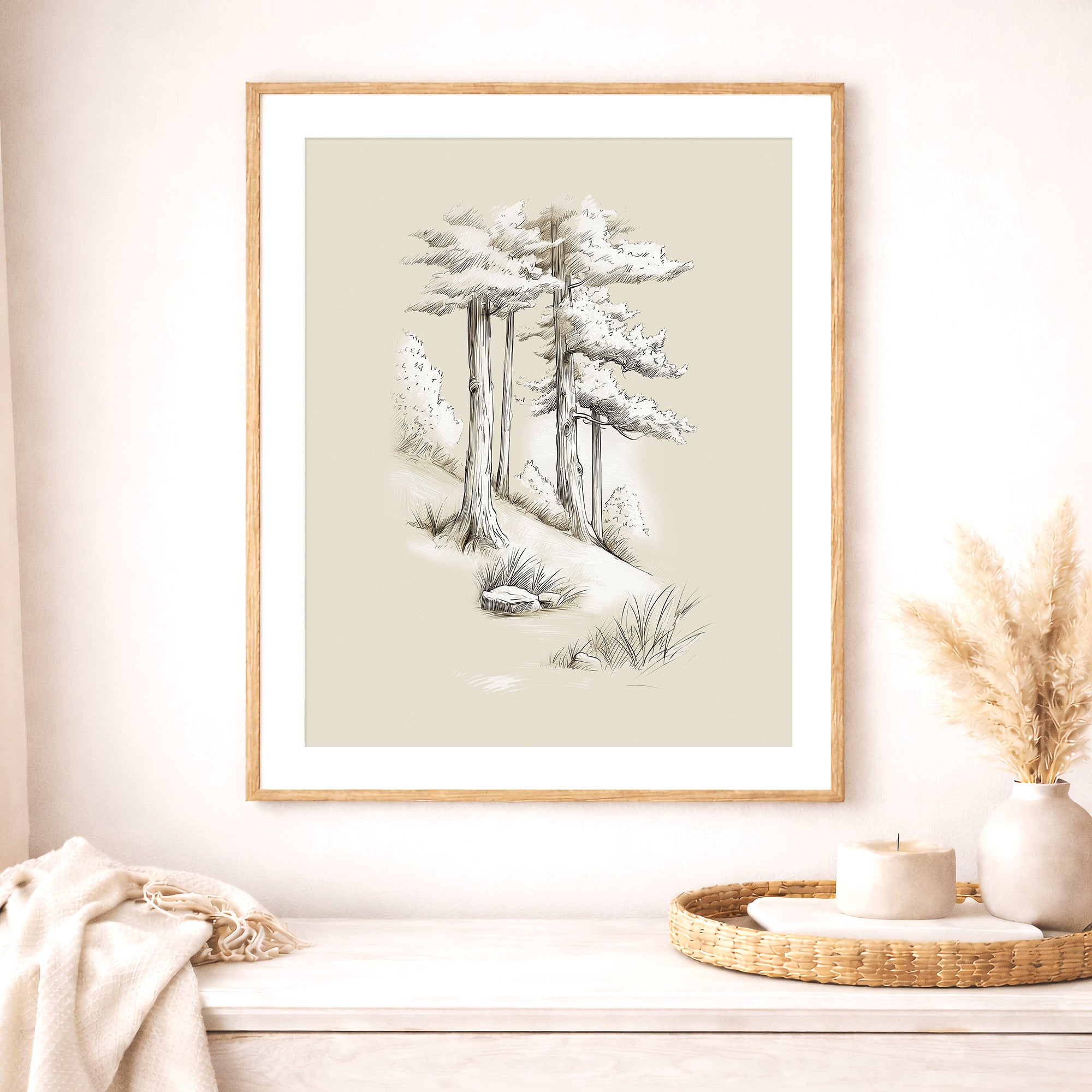 Neutral woodland forest trees wall art print displayed above a white dresser in a natural wood frame. Scandinavian nursery decor featuring minimalist pine tree sketch illustration for woodland nursery, baby room wall art, forest-themed nursery, and gender neutral decor.