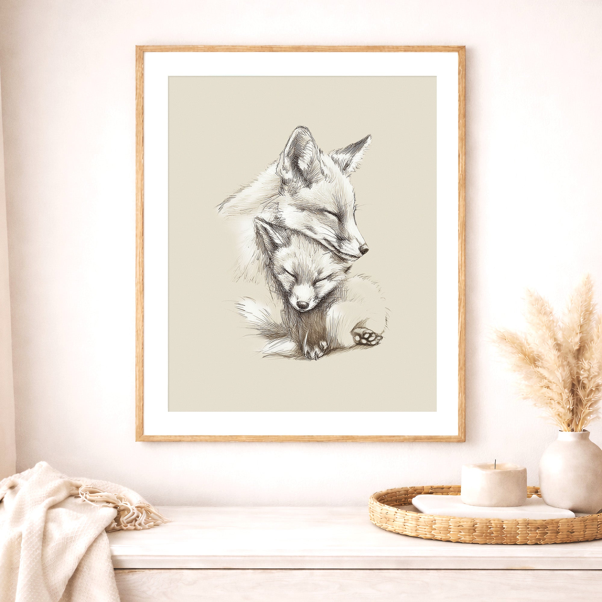 Woodland fox nursery wall art featuring a mother fox cuddling her sleeping baby displayed in a natural wood frame above a white dresser. Gender Neutral woodland animal print for Scandinavian nursery decor, forest nursery, baby room wall art, and gender neutral nursery.