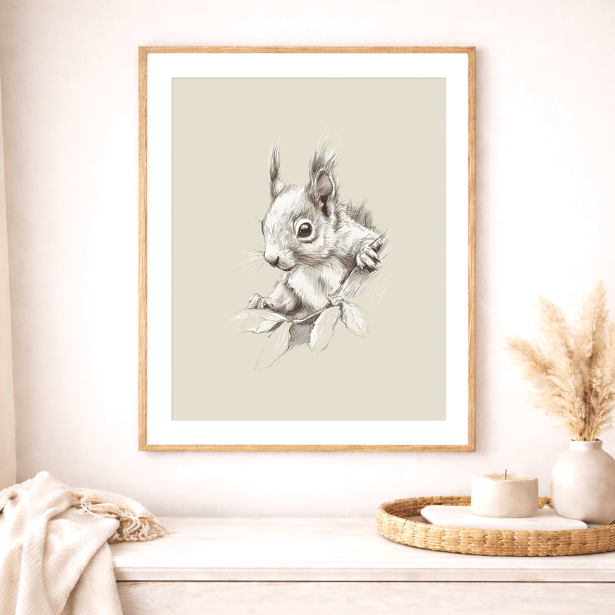 Woodland squirrel nursery wall art featuring a baby squirrel sketch peeking from a tree branch displayed in a natural wood frame above a white dresser. Neutral woodland animal print for Scandinavian nursery decor, forest nursery, baby room wall art, and gender neutral nursery.