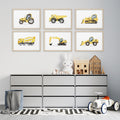 Set of 6 yellow construction truck prints, yellow watercolor construction vehicles wall art for kids, nursery wall art decor for digital download, boys' room wall art, excavator, bulldozer, digger, dump truck, mixer prints, posters, pictures, transportation prints, large printable wall art, gallery wall set