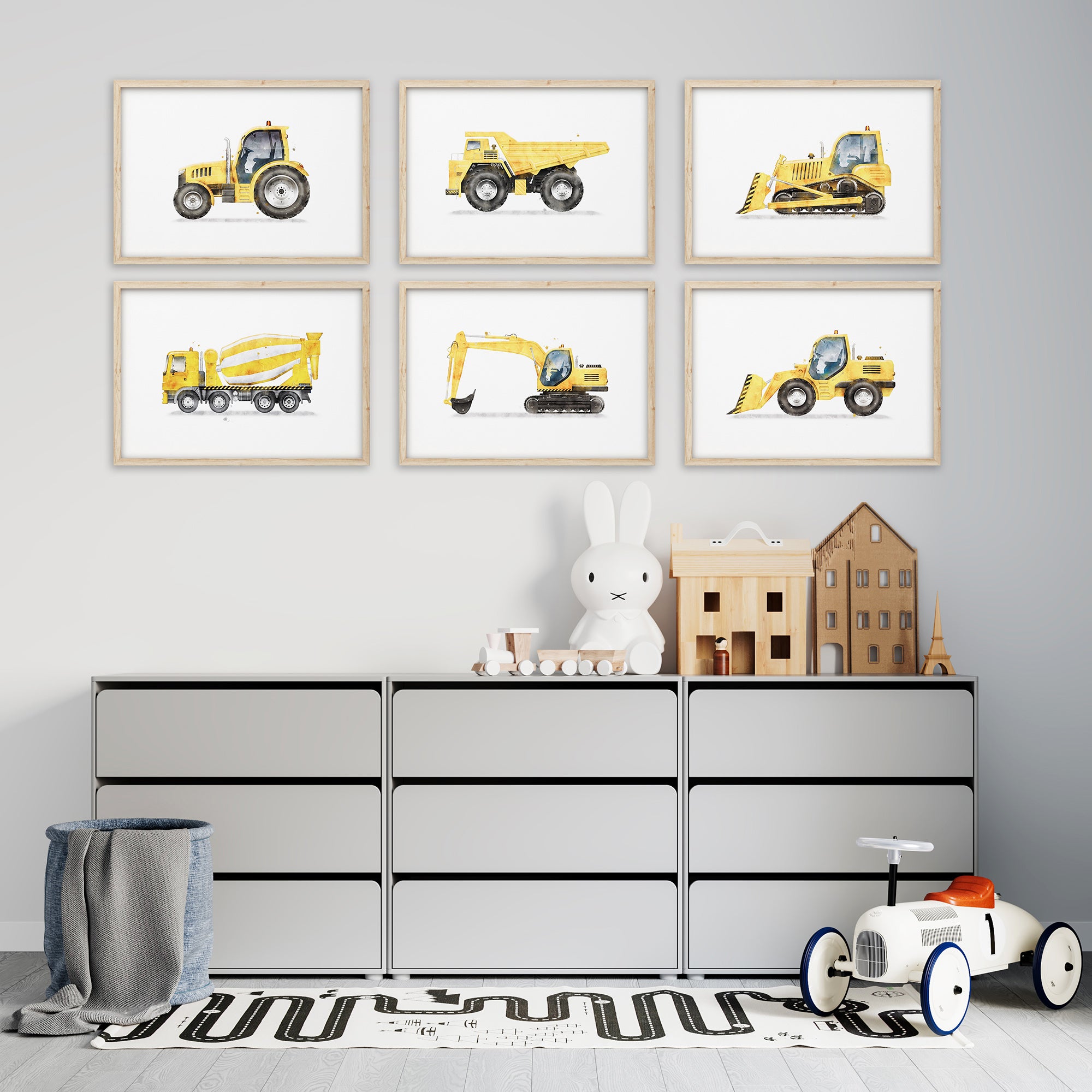 Set of 6 yellow construction truck prints, yellow watercolor construction vehicles wall art for kids, nursery wall art decor for digital download, boys' room wall art, excavator, bulldozer, digger, dump truck, mixer prints, posters, pictures, transportation prints, large printable wall art, gallery wall set