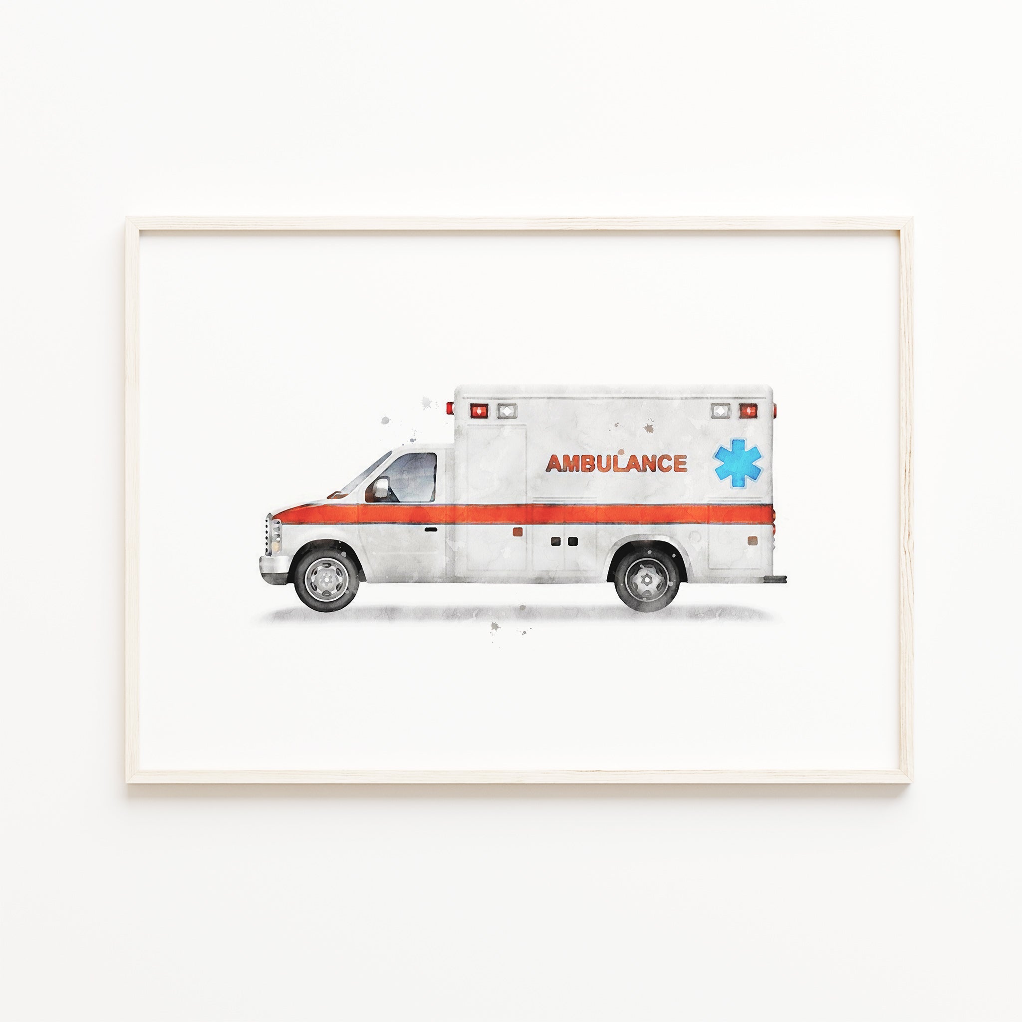 watercolor ambulance wall art print, emergency vehicle print for kids, boys nursery wall art decor for digital download, transportation print, medical truck illustration, picture, poster, large printable wall art