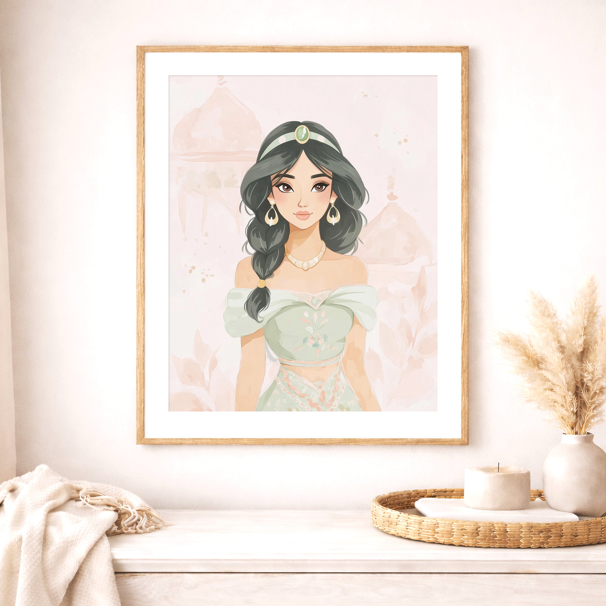 middle eastern princess print, elegant girl portrait, soft pastel nursery wall art, blush pink, sage green girl room print, large printable wall art

