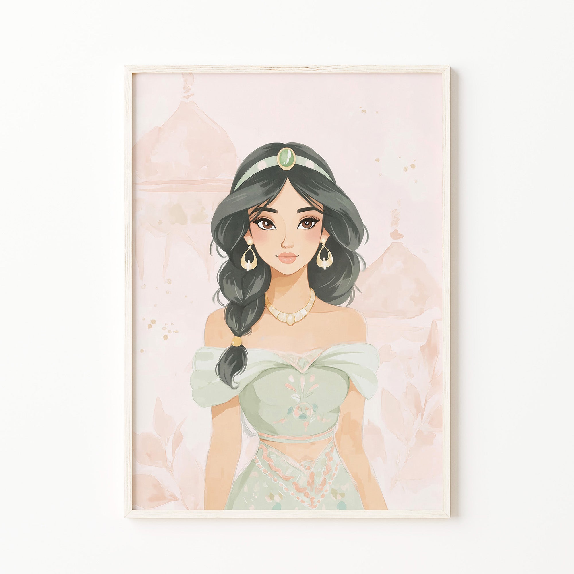 Arabian princess wall art print, middle east exotic girl illustration, picture, poster, baby girl room wall art, blush pink and sage green pastel nursery decor for digital download, fairytale print, large printable wall art