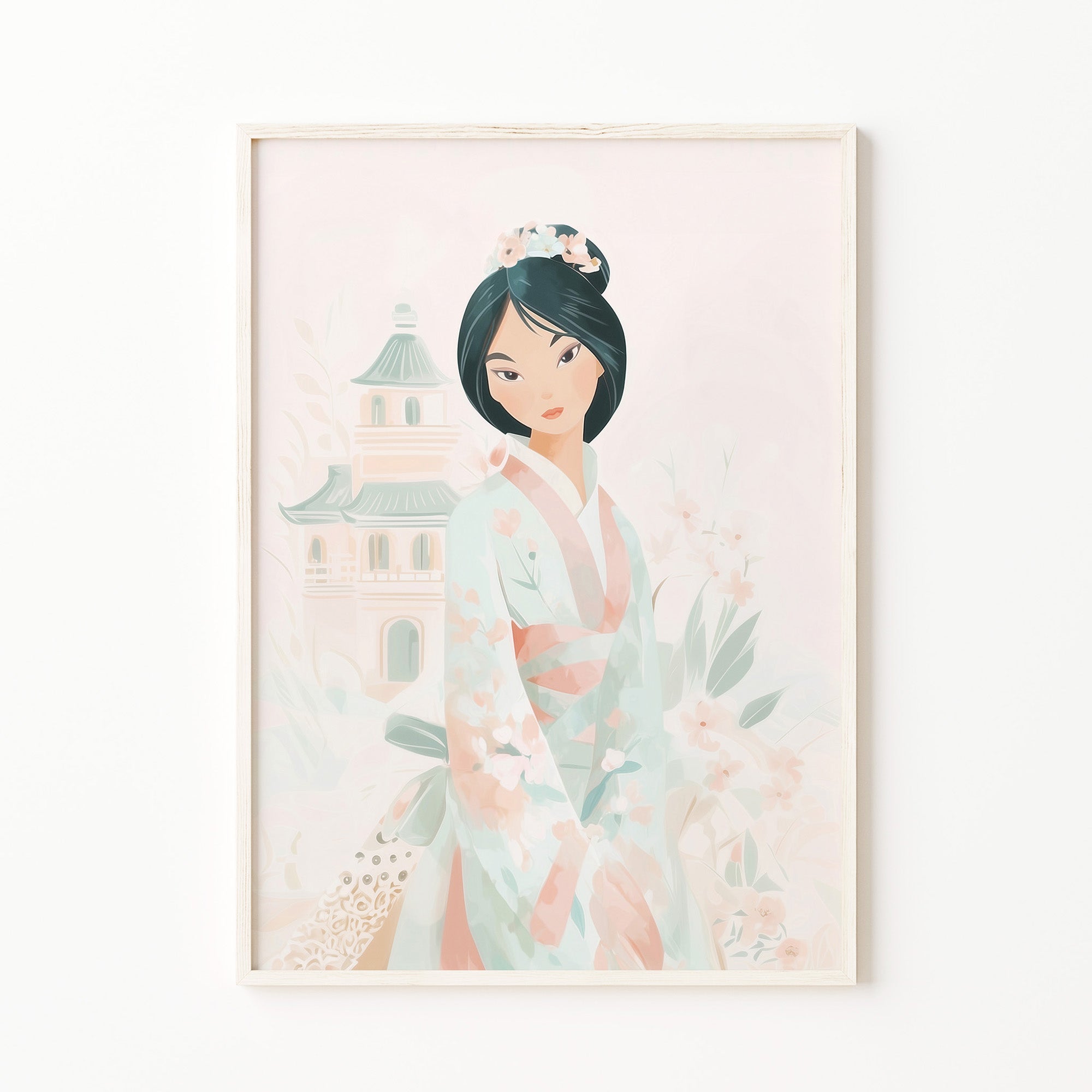 asian, exotic, Japanese-style princess wall art print in a kimono, soft floral nursery decor for digital download, soft blush pink girl wall art,  large printable