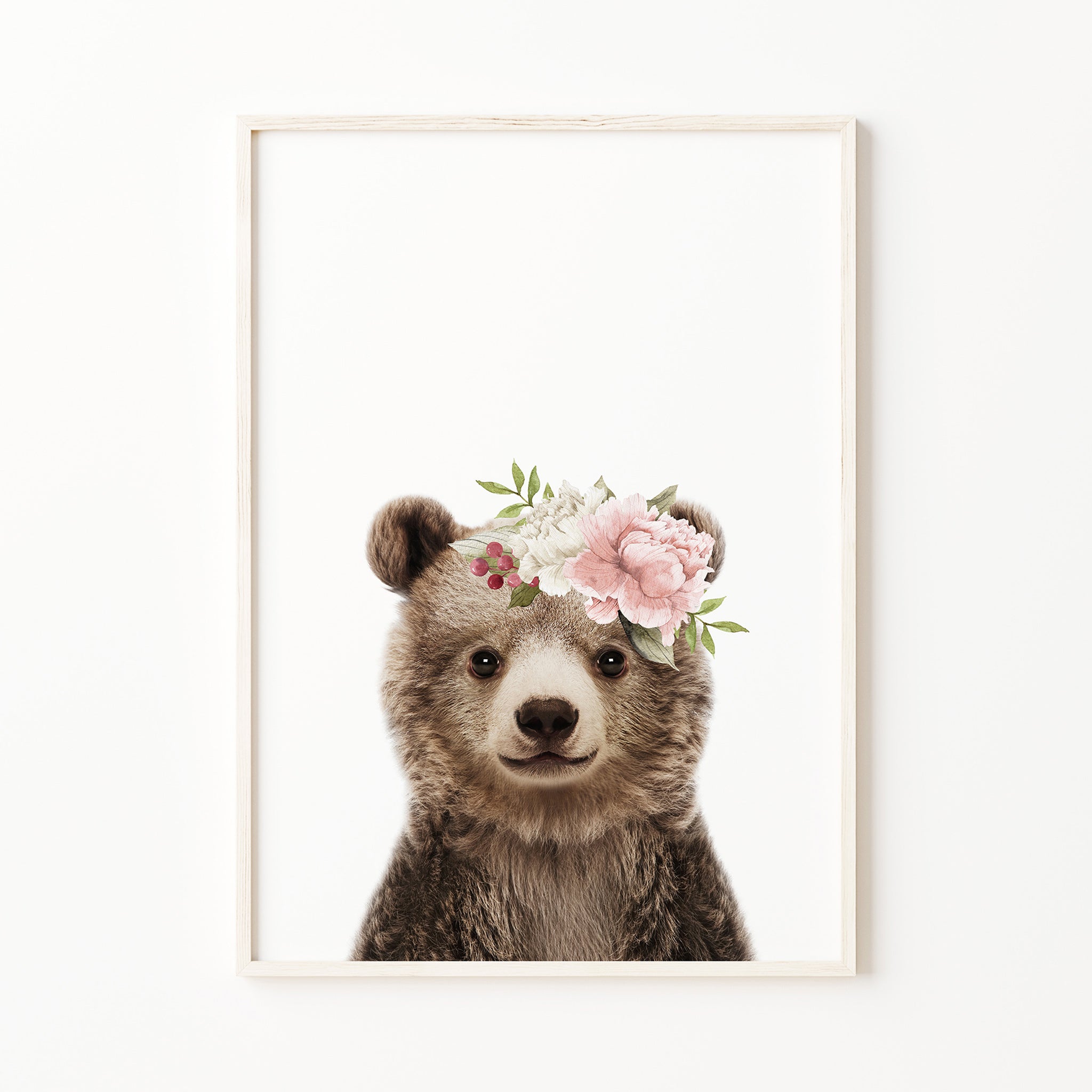 baby bear print with flower crown, blush pink woodland nursery wall art, forest baby girl room wall art, bedroom decor for digital download, large
