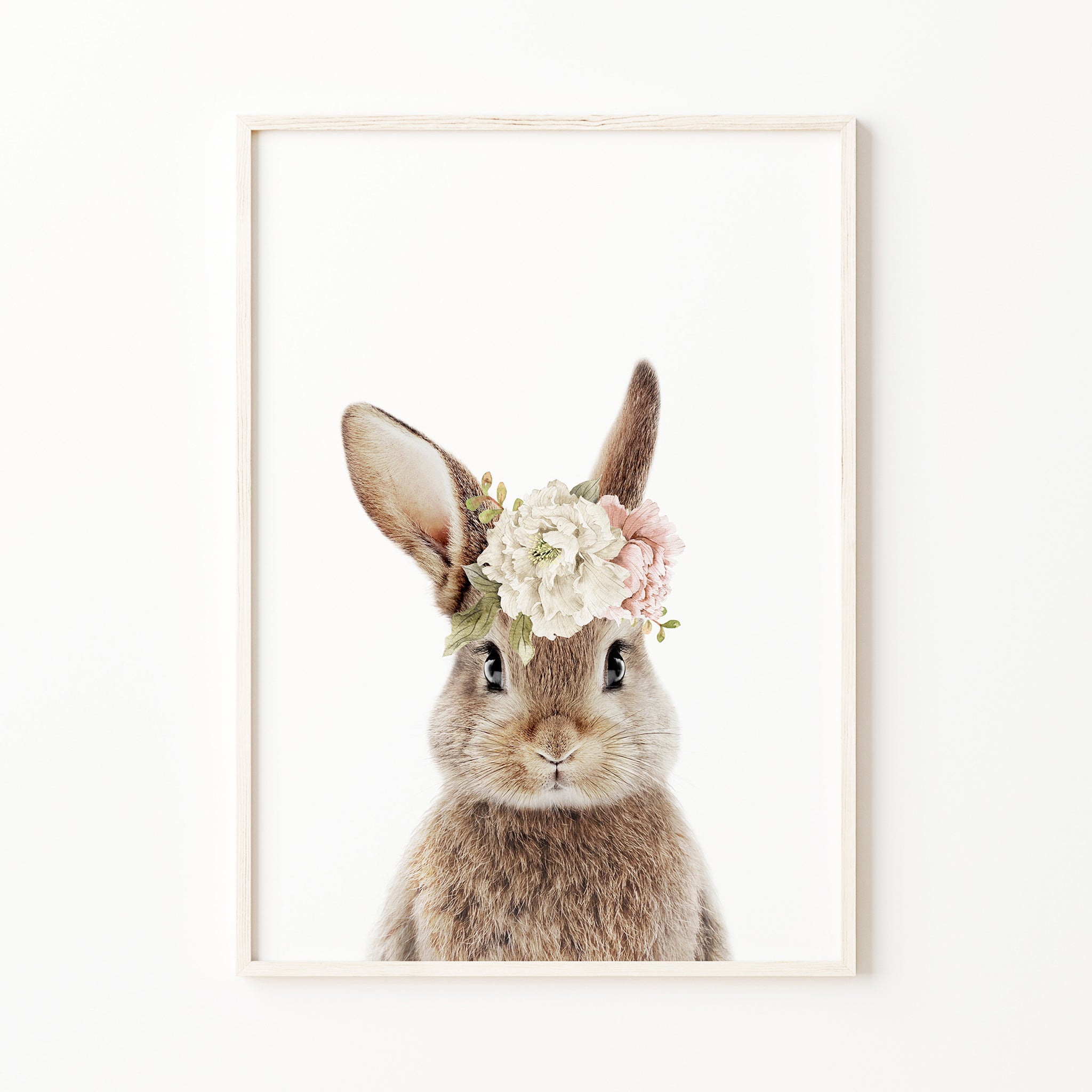 baby bunny rabbit print with blush pink flower crown, woodland nursery print, forest baby girl nursery wall art decor for digital download, large
