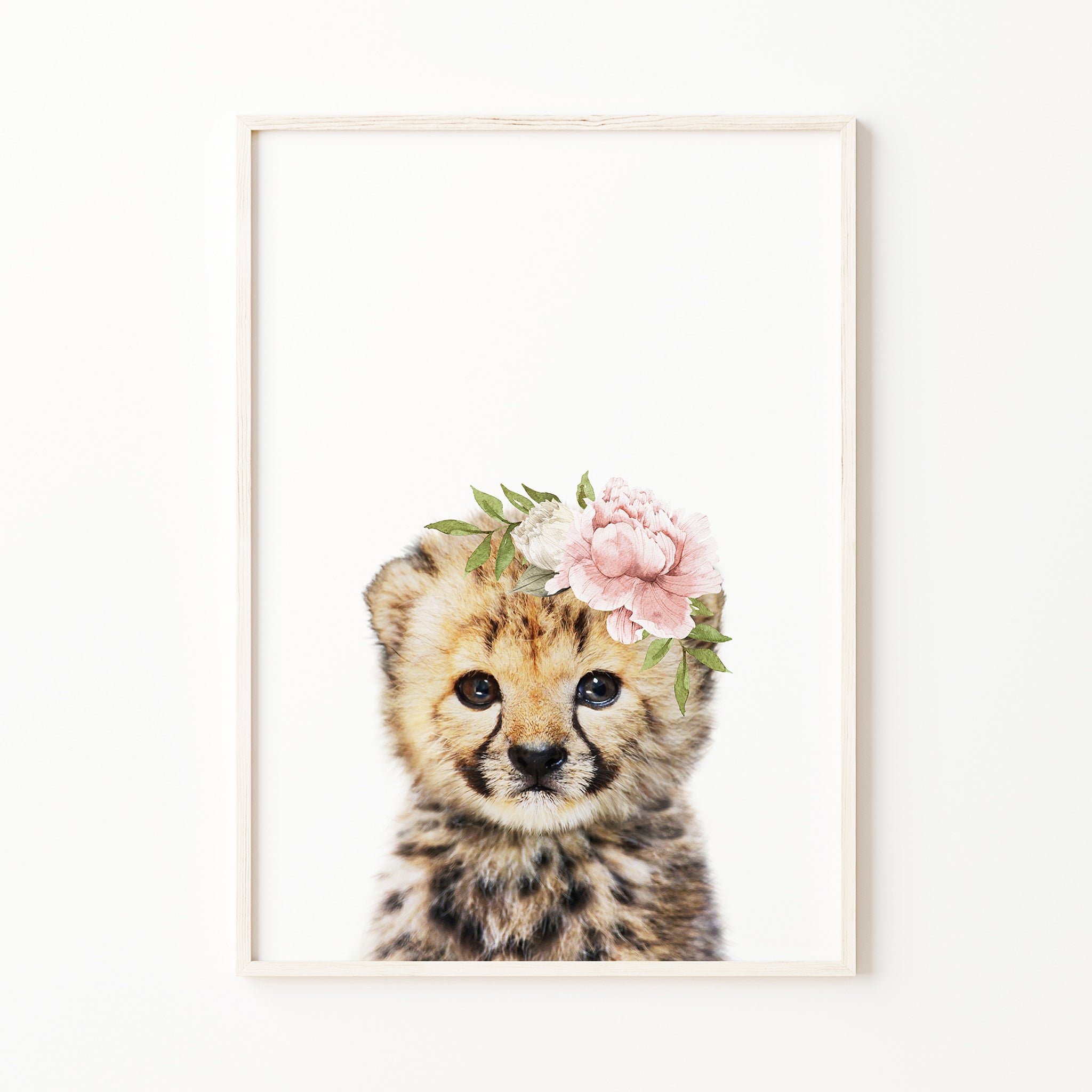 baby cheetah print with blush pink flower crown, safari nursery print, baby girl room wall art, bedroom decor for digital download, large
