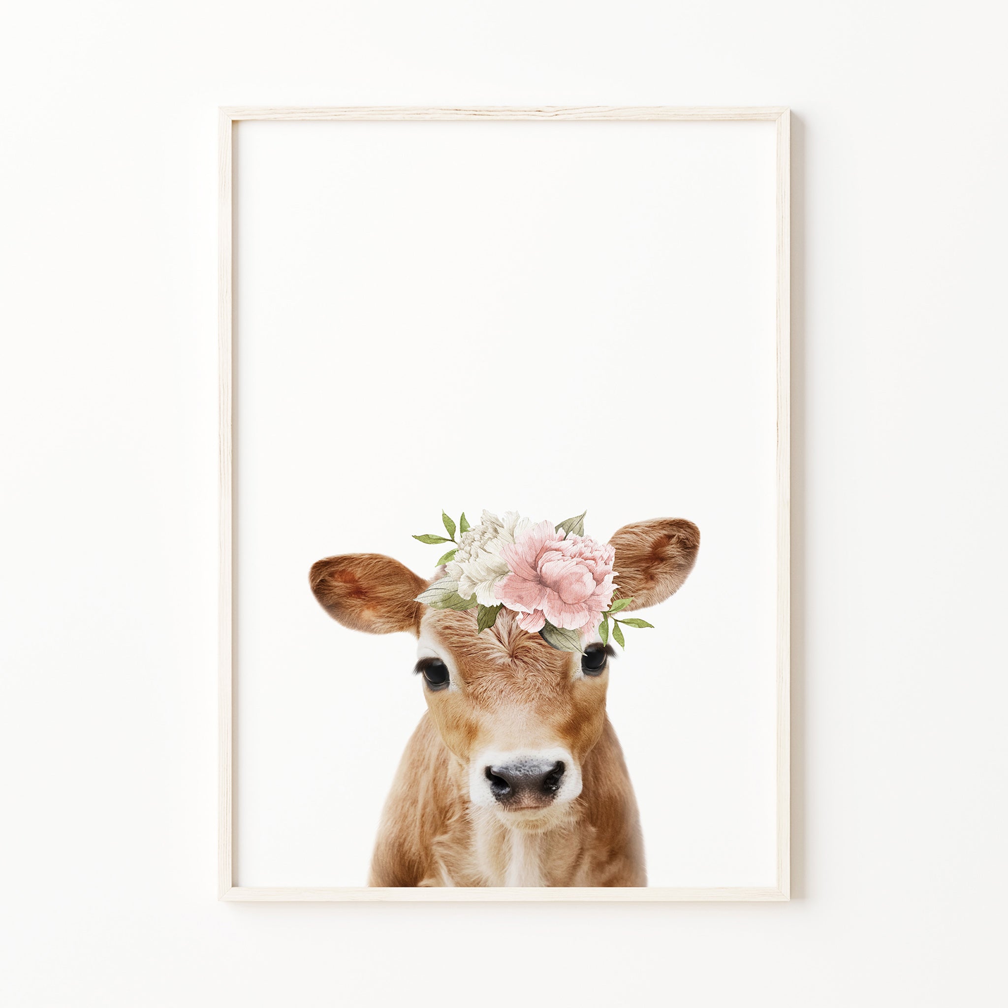 baby cow print with blush pink flower crown, farm nursery wall art print, baby girl room, bedroom wall art decor for digital download, large
