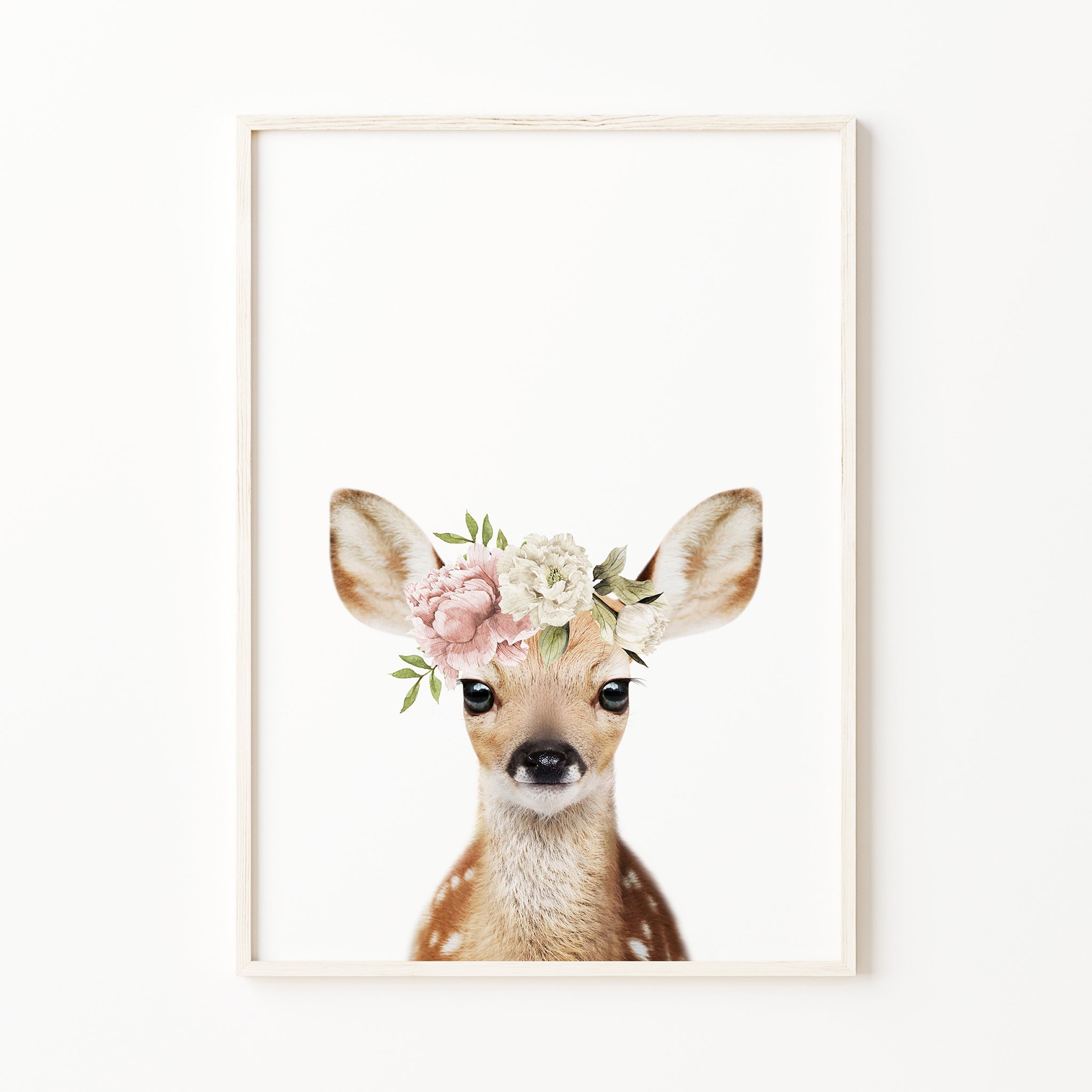 baby deer print with blush pink flower crown, woodland nursery wall art print, forest baby girl room, bedroom wall art decor for digital download, large
