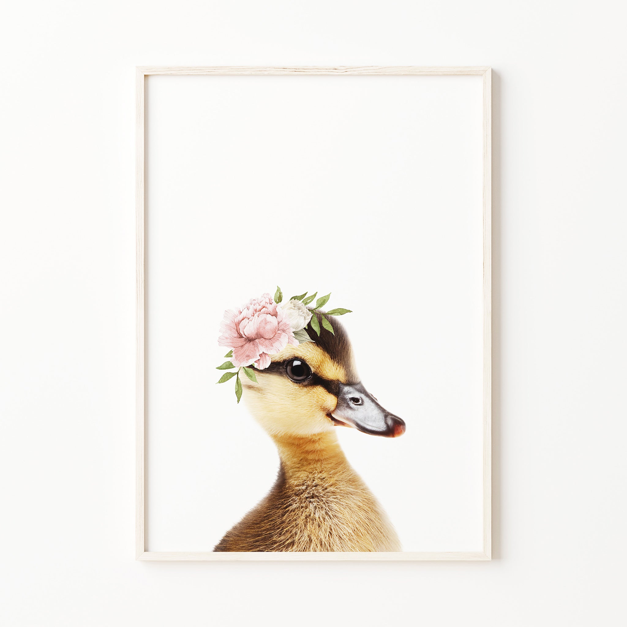 baby duck print with blush pink flower crown, farm nursery wall art print, baby girl room wall art decor for digital download, large
