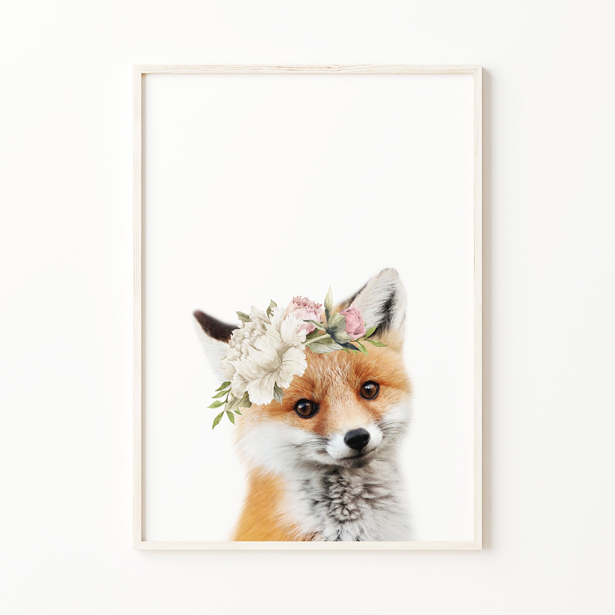 baby fox print with blush pink flower crown, woodland nursery wall art print, forest baby girl room wall art, bedroom decor for digital download, large
