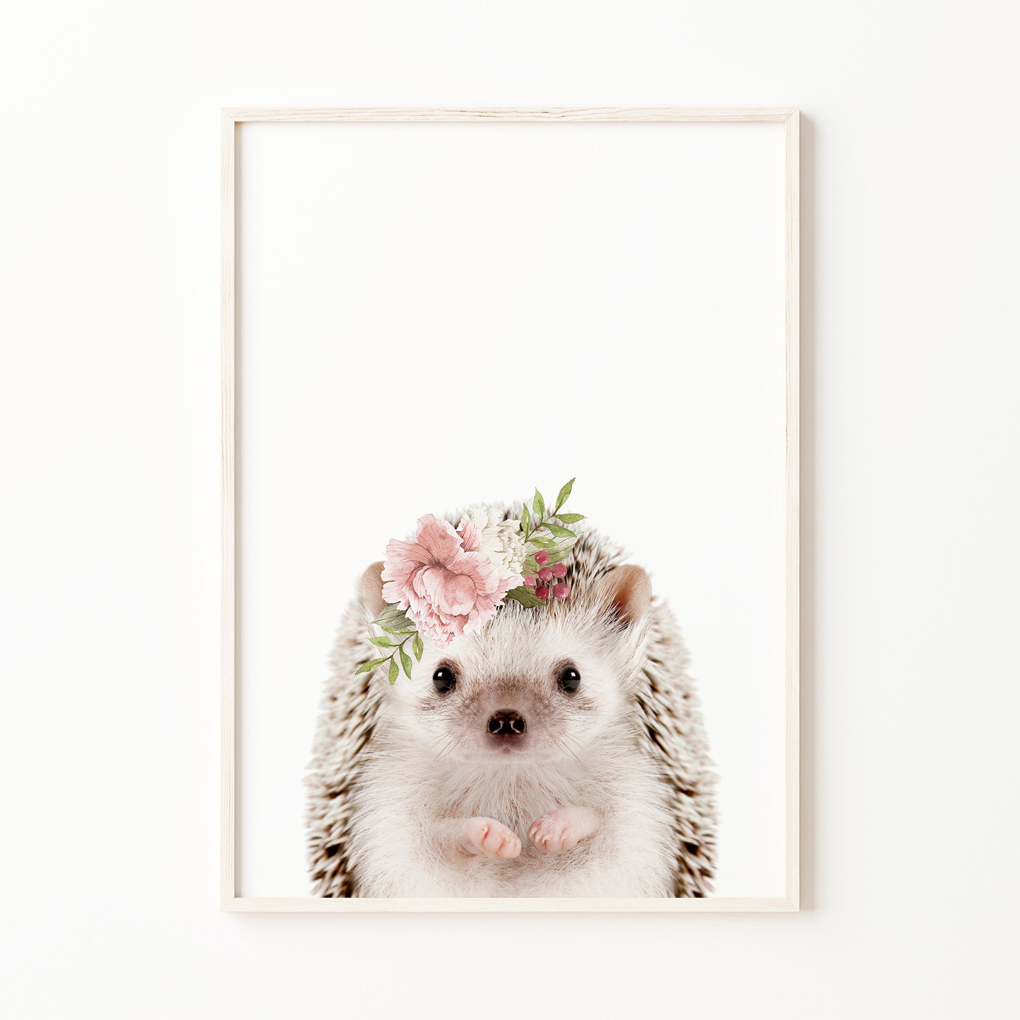 baby hedgehog print with blush pink flower crown, woodland nursery wall art print, forest baby girl room wall art, bedroom decor for digital download, large
