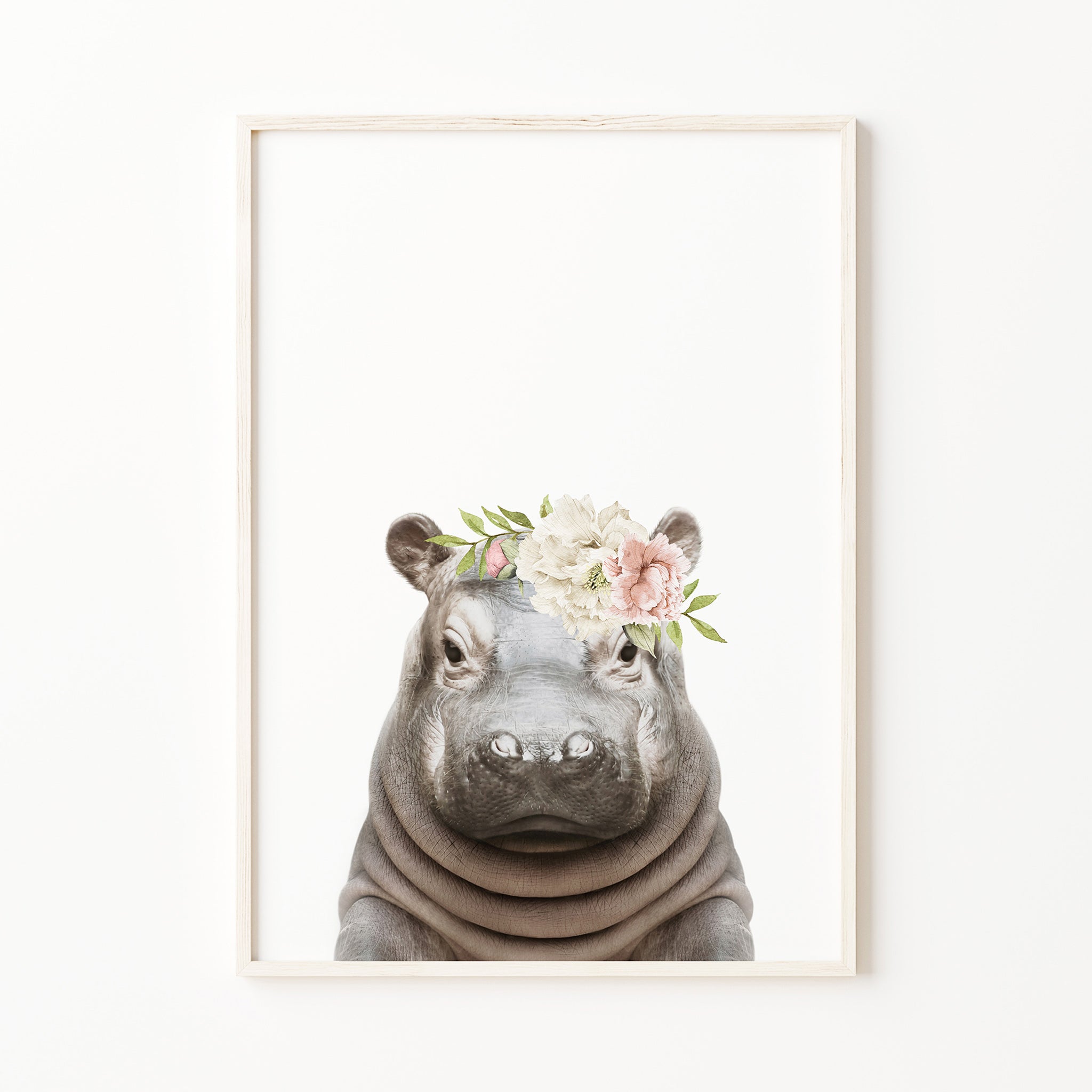 baby hippo print with blush pink flower crown print, safari nursery print, baby girl room wall art, bedroom decor for digital download, large
