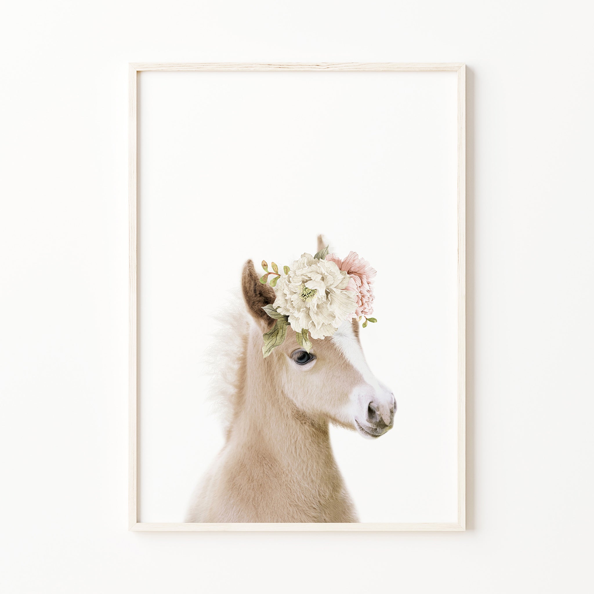 baby horse print with blush pink flower crown, farm nursery wall art print, baby girl wall art, little girl room, bedroom wall art decor for digital download, large
