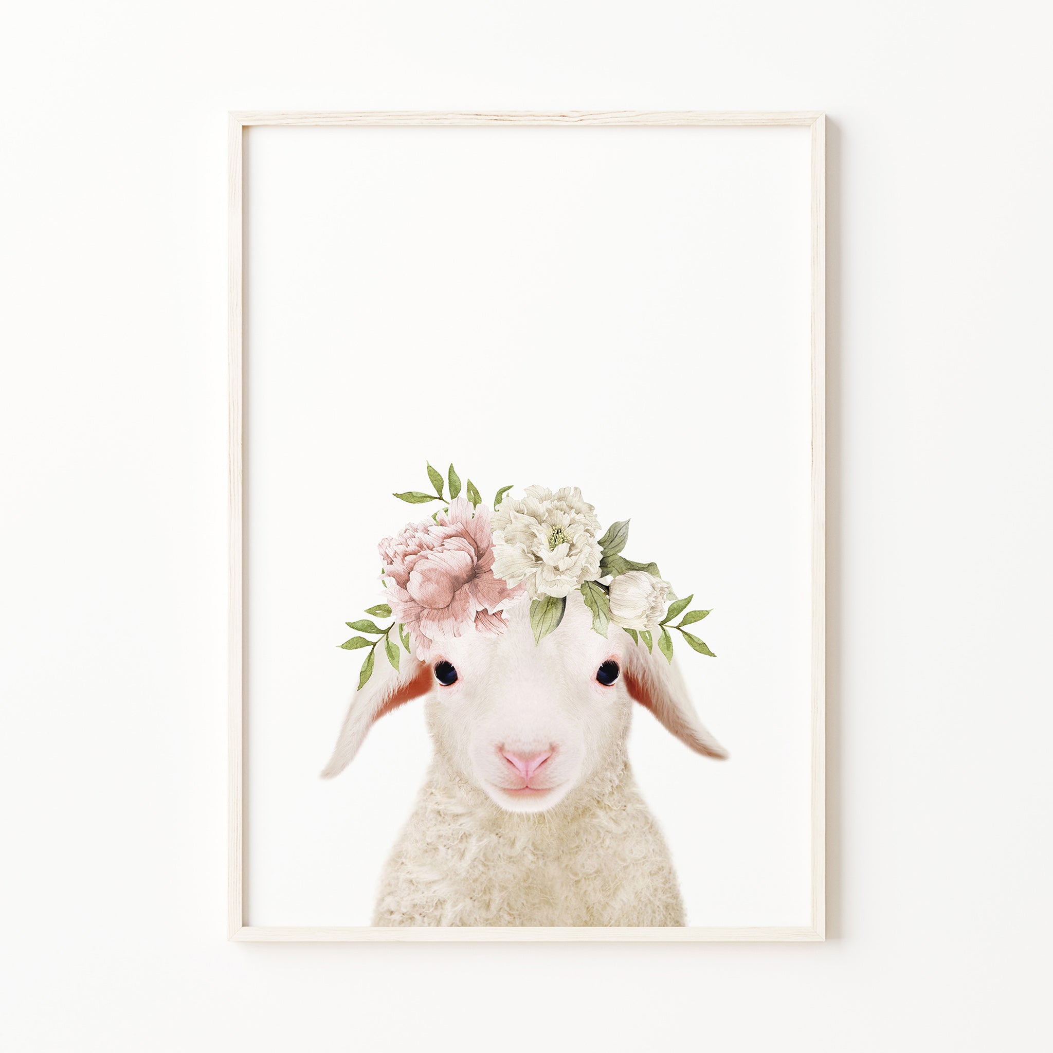 baby lamb print with blush pink flower crown, farm nursery wall art print, baby girl wall art, little girl room wall art decor for digital download, large
