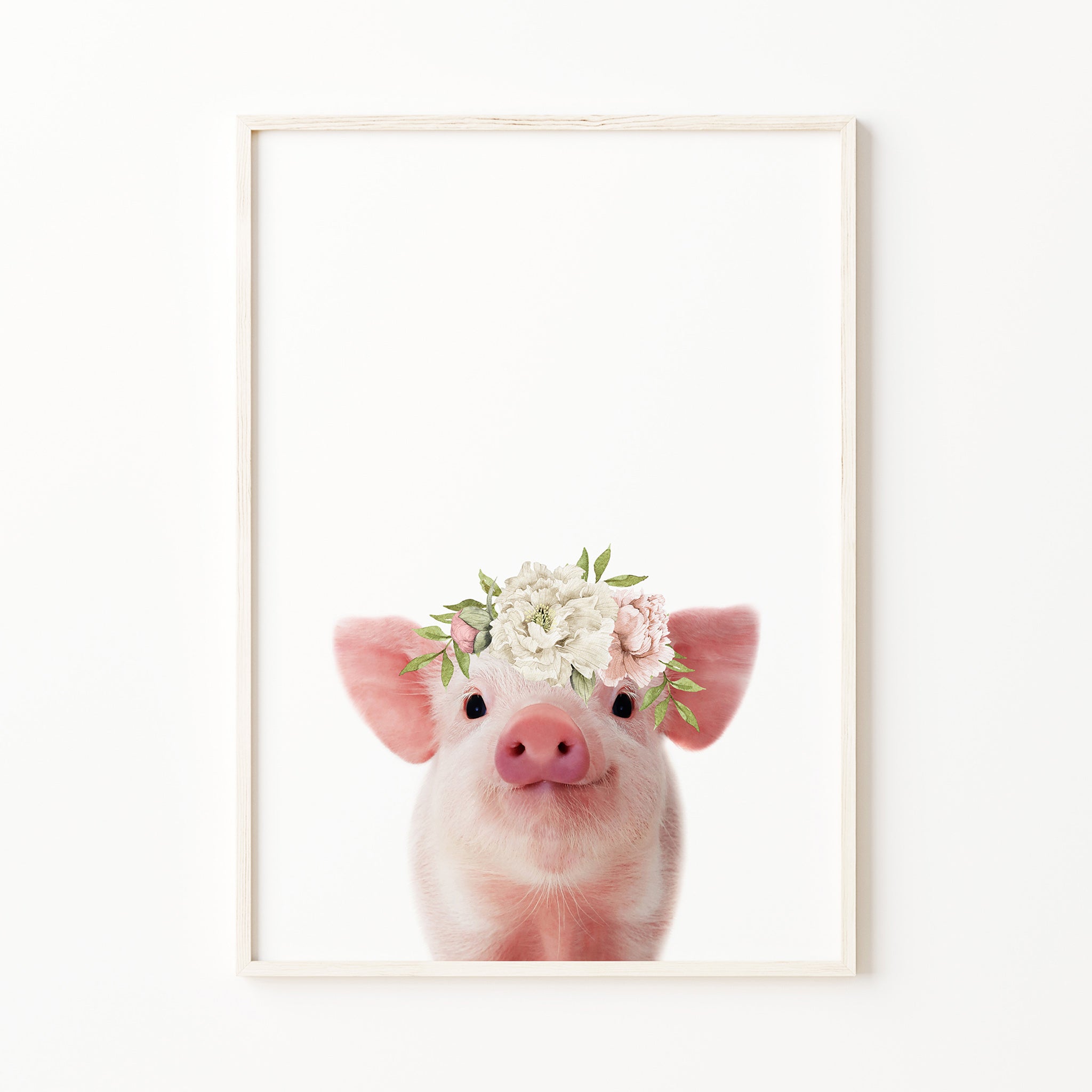 baby pig print with blush pink flower crown, floral nursery wall art, farm animal print, cute baby girl room wall art decor for digital download, large

