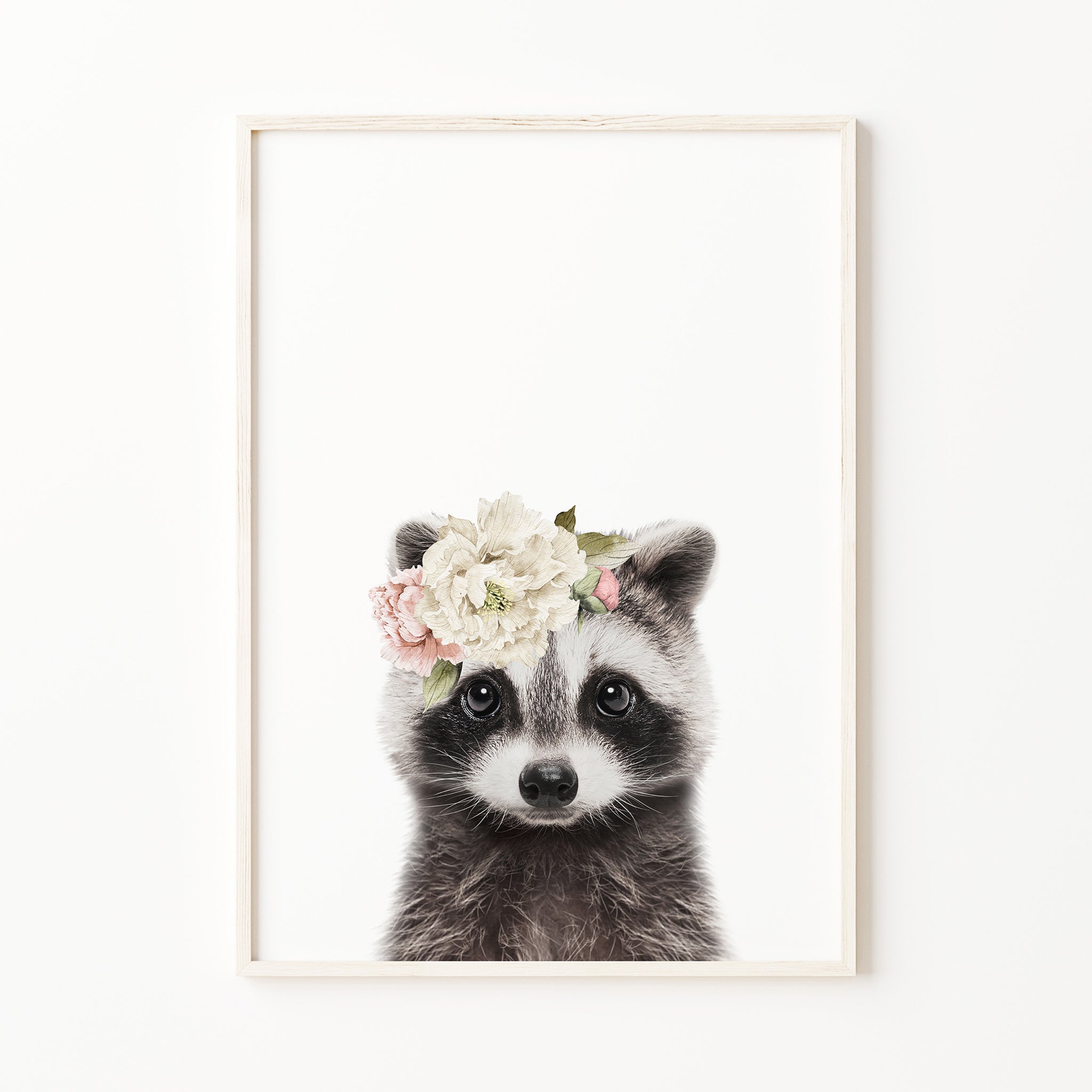 baby raccoon print with blush pink flower crown, woodland nursery wall art, forest baby girl wall art decor for digital download, large
