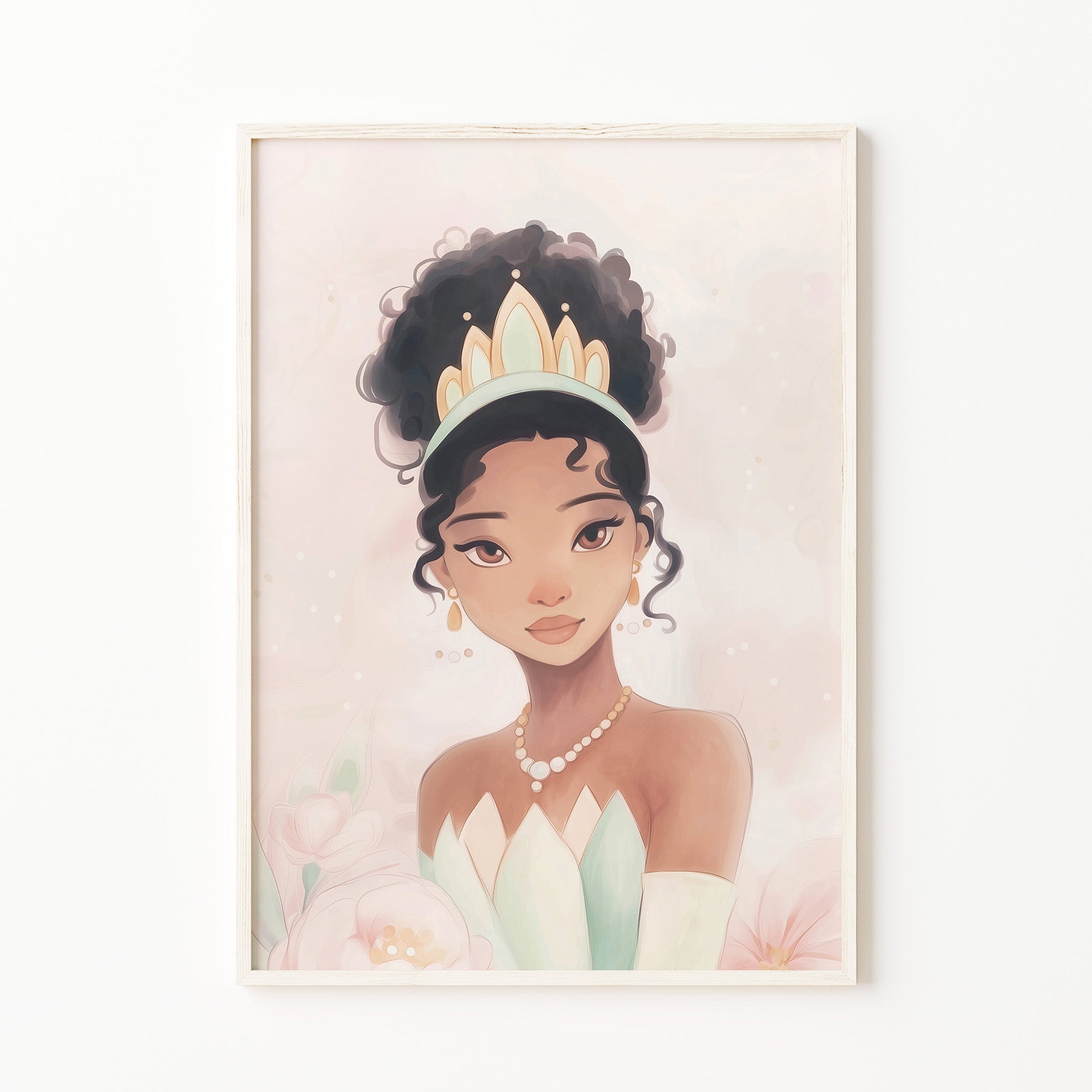 black african american princess wall art print, dark skin girl illustration, picture, poster, soft blush pink pastel nursery wall art decor, fairytale princess print for digital download, large printable wall art