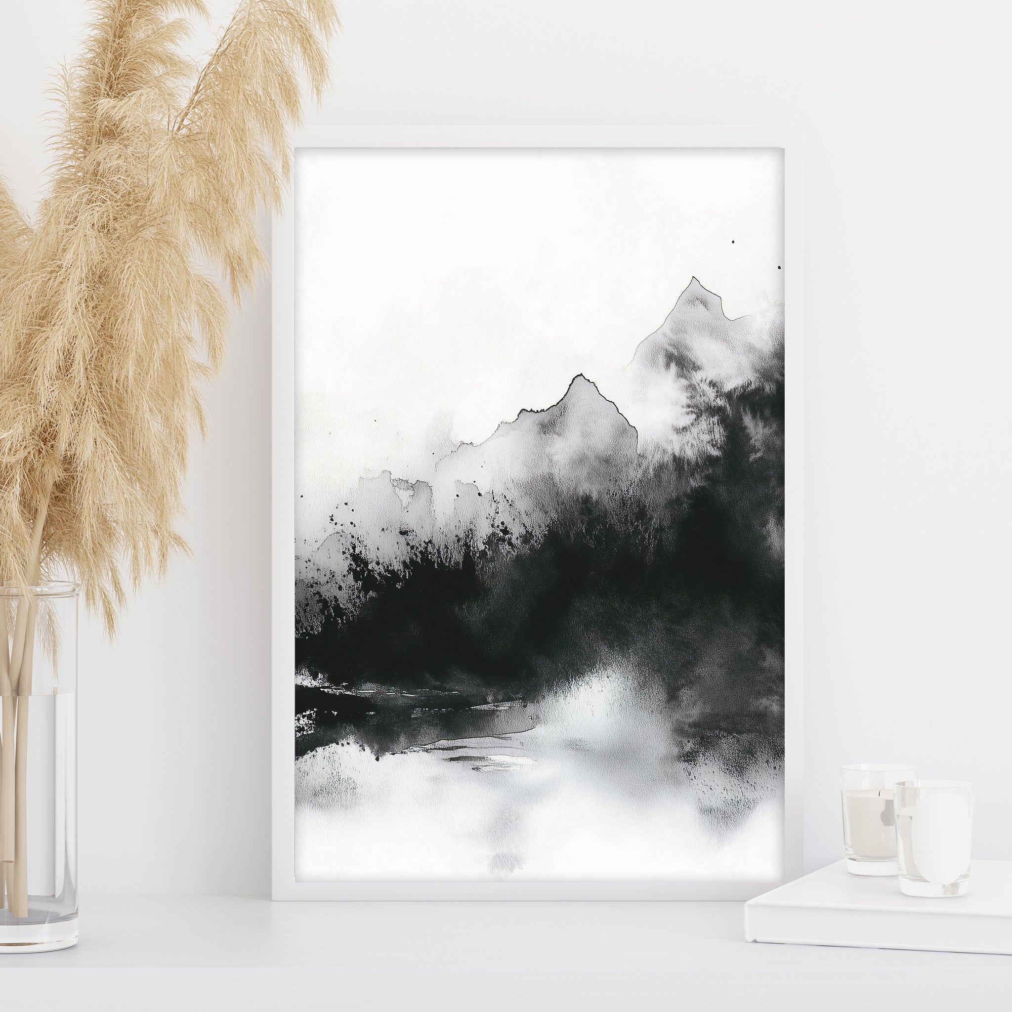 Neutral monochrome mountain artwork, modern minimalist nature wall art for Scandinavian home