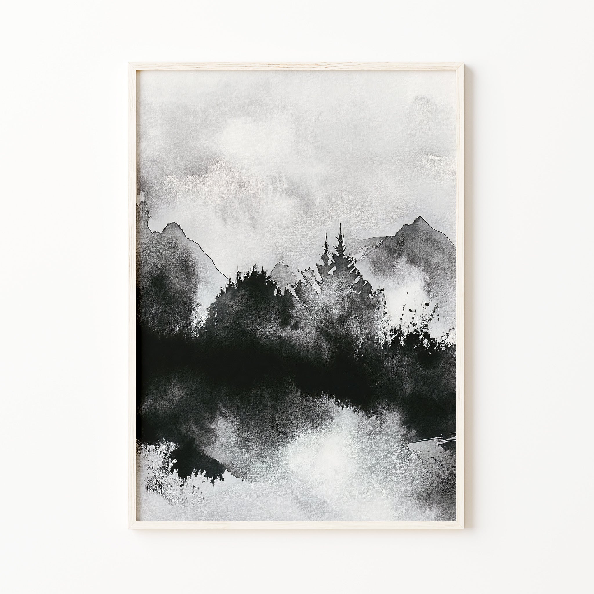 Black and white abstract print, mountain forest wall art, minimalist ink landscape print for modern living room decor