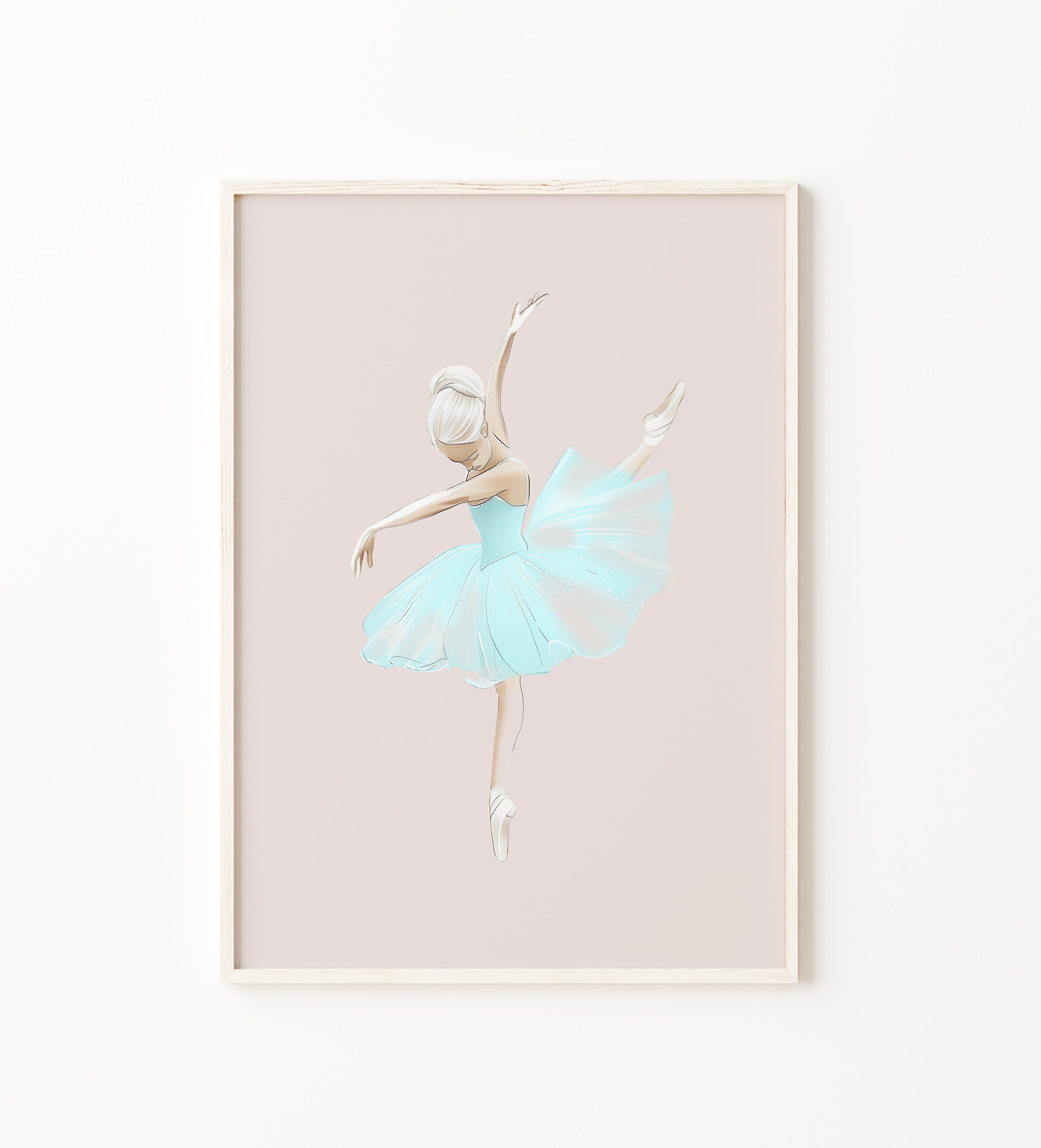 Blue ballerina wall art print, graceful ballet dancer print in a soft pastel blue tutu on a blush background, perfect for baby girl nursery, girls' bedroom and ballet room decor.