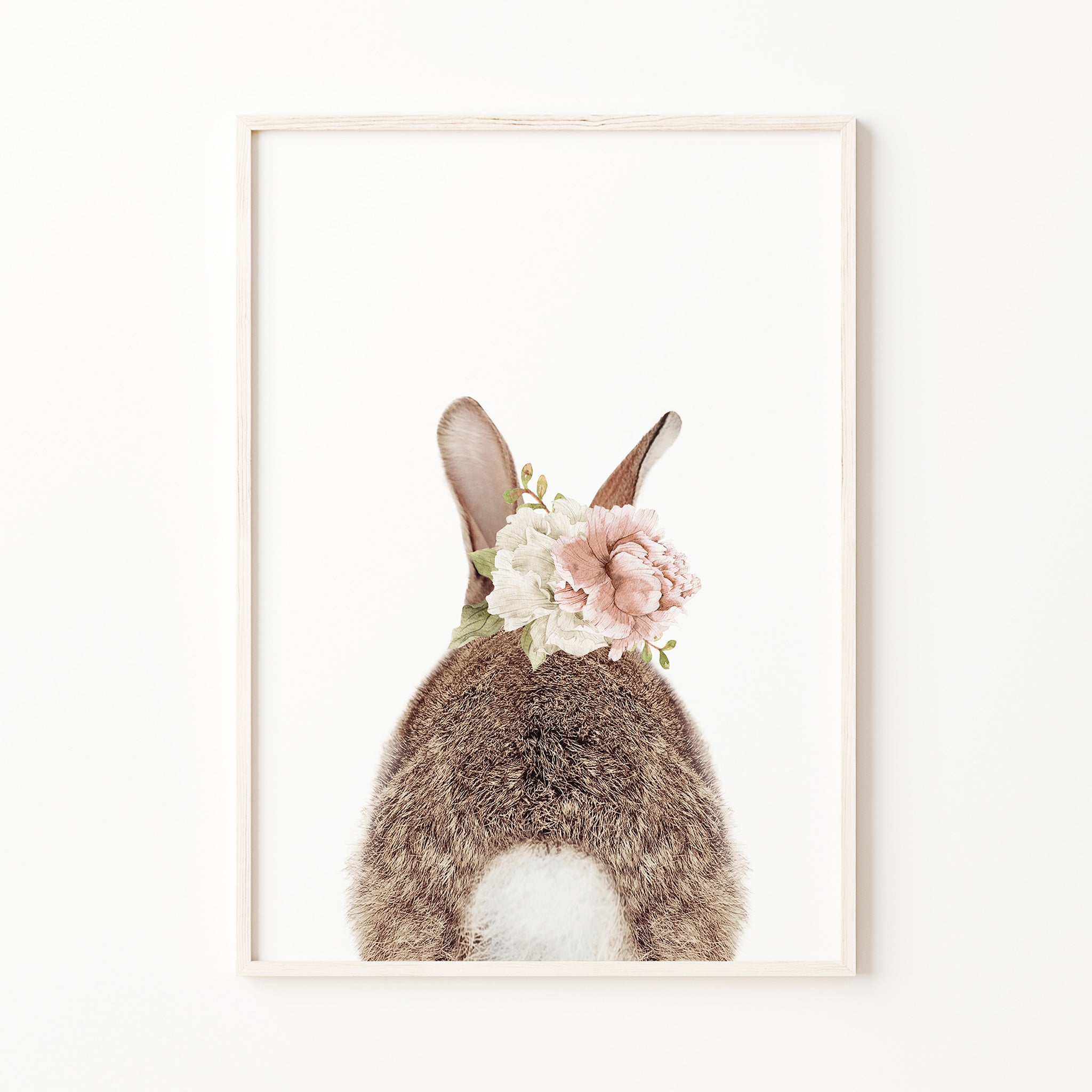 baby bunny rabbit back, butt print with blush pink flower crown, cute whimsical bunny wall art, baby girl room print, decor for digital download, large
