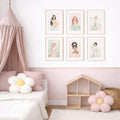diverse princess wall art prints set of 6, soft pastel nursery decor, fairytale prints above bed, crib, girls bedroom prints, baby girl room wall art decor for digital download, cozy nursery interior styling, large printable wall art