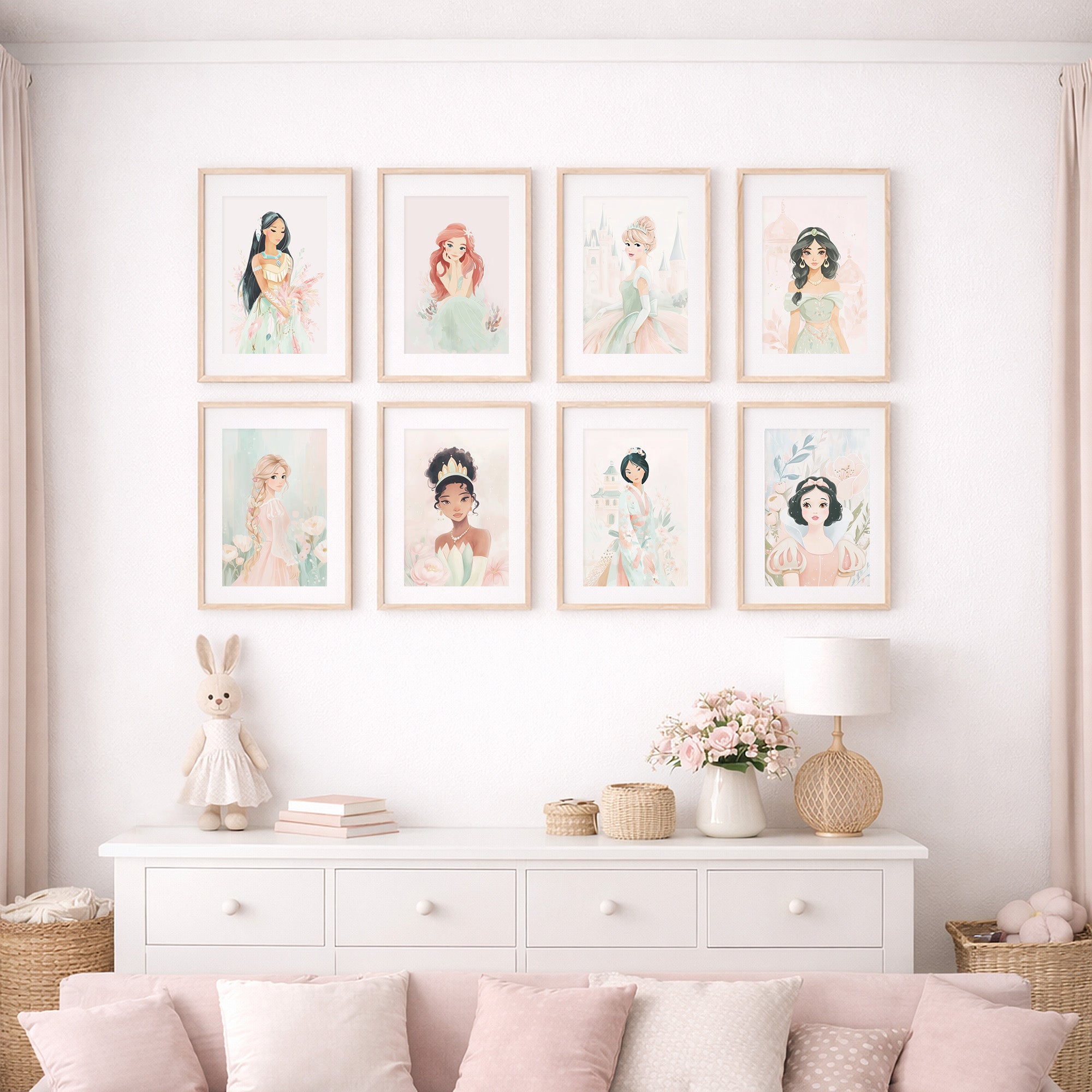 Princess wall art prints set of 8, baby girl room prints above crib, dresser, fairytale princess wall art, girls' bedroom decor, soft pastel baby room gallery wall styling, soft girl aesthetic inspiration, nursery wall art decor for digital download, large printable wall art

