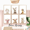 farm nursery wall art prints set of 6,  farm baby animal prints with blush pink flower crowns, baby girl nursery, room, bedroom decor wall art for digital download, large gallery wall set