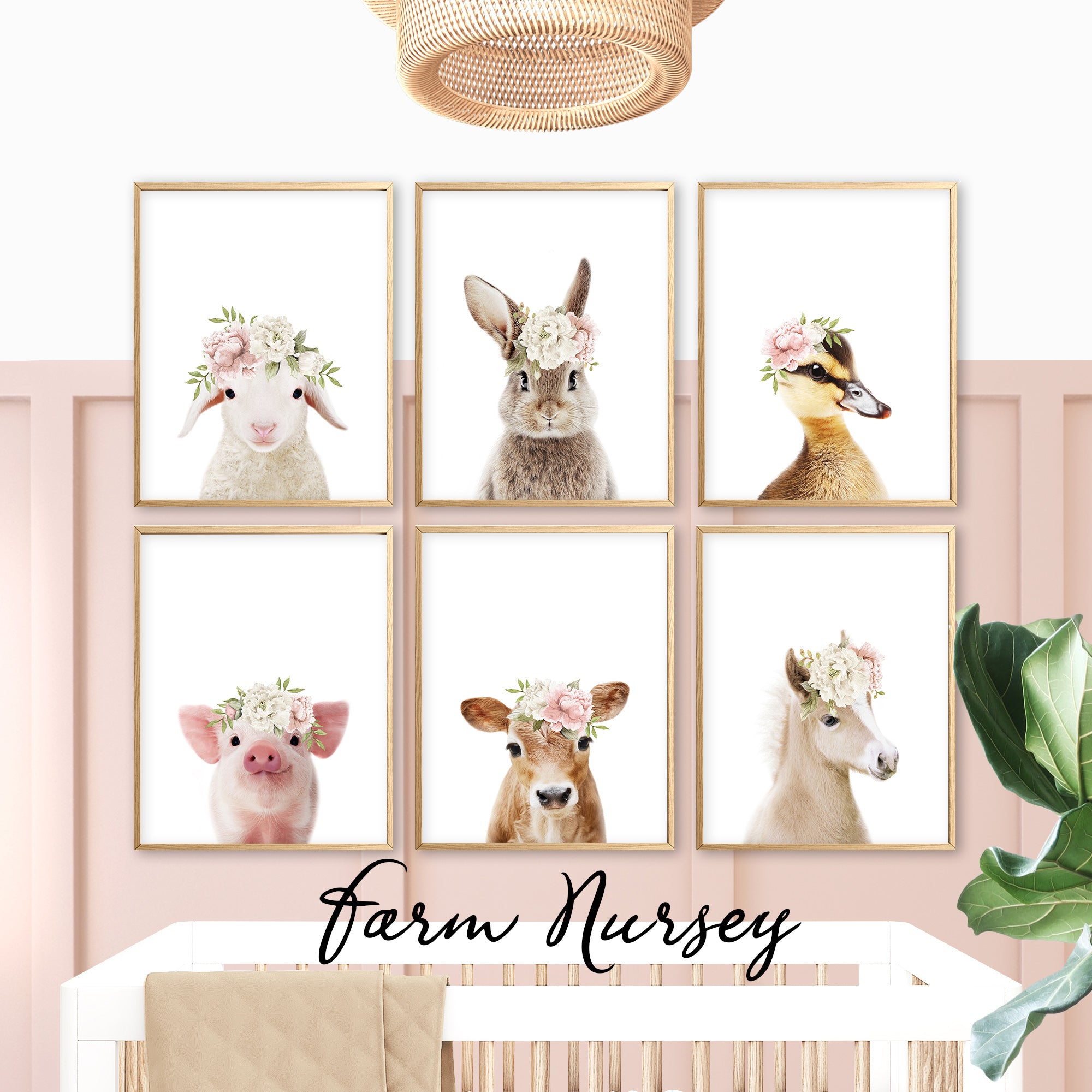 farm nursery wall art prints set of 6,  farm baby animal prints with blush pink flower crowns, baby girl nursery, room, bedroom decor wall art for digital download, large gallery wall set