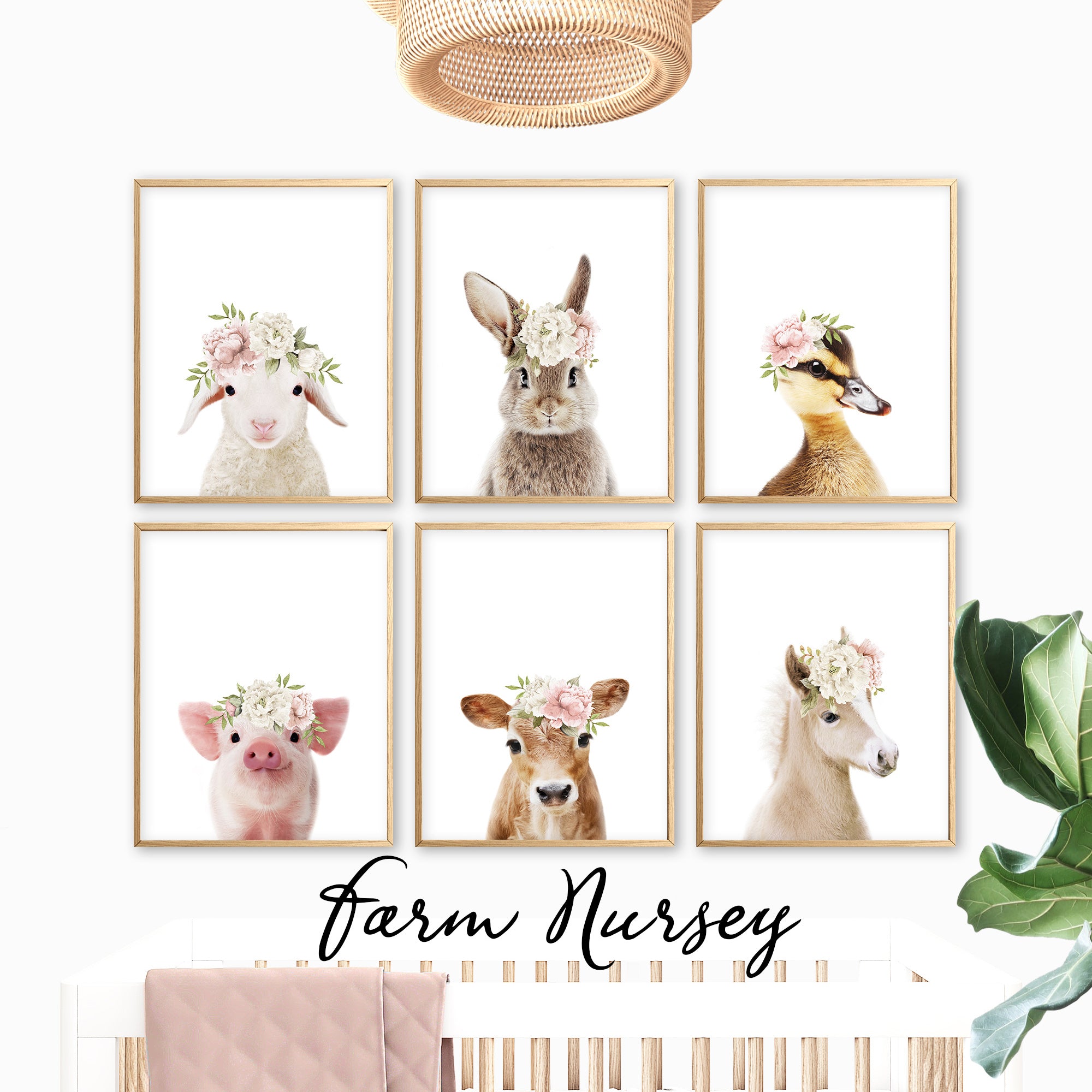 farm nursery wall art prints set of 6, baby farm animal prints with blush pink floral crowns, floral nursery decor, baby  girl wall art, large printable wall art, gallery wall set