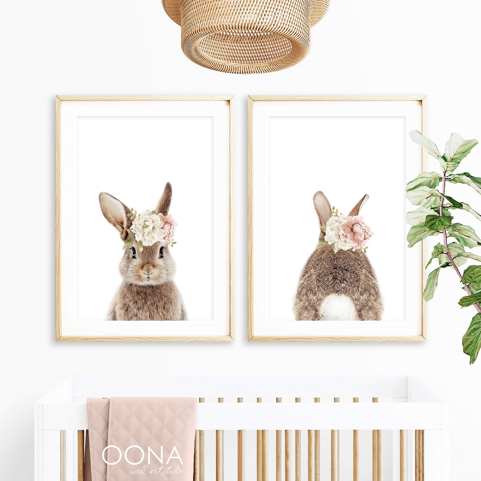 Floral bunny wall art prints set of 2, cute baby bunny rabbit prints with blush pink flower crowns, boho nursery decor, baby girl room wall art, soft pastel minimal interior styling, large printable wall art
