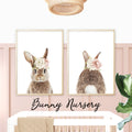 Floral Bunny nursery wall art prints baby bunny rabbit prints with flower crown, set of 2 prints, cute baby girl room wall art decor in soft blush pink tones, boho nursery decor for digital download, large 